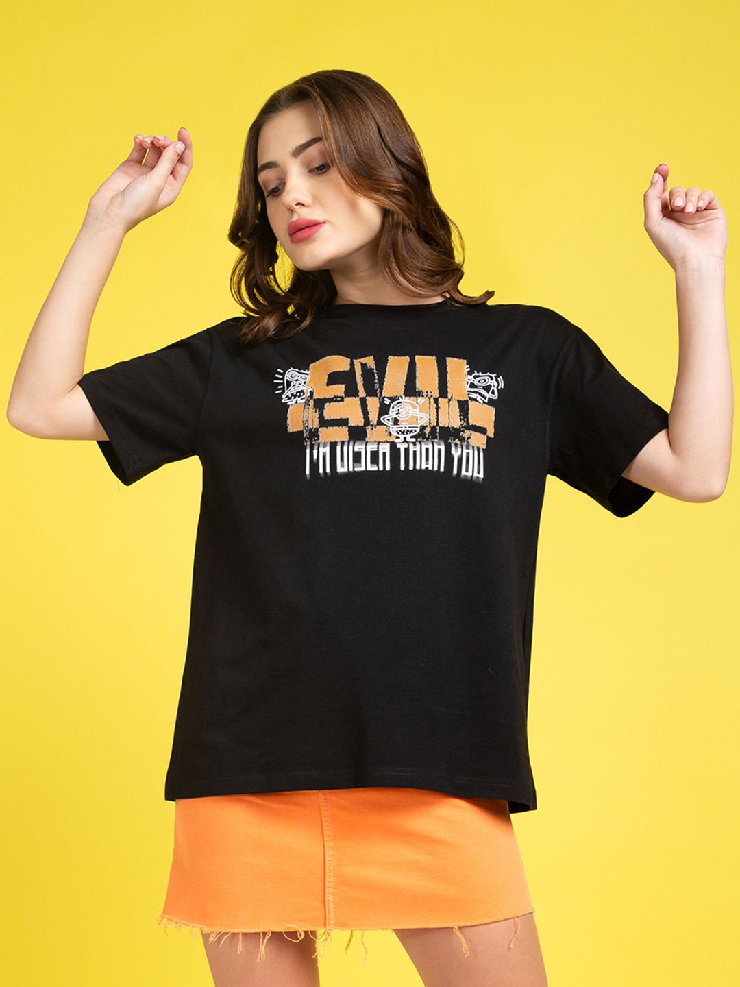 

Minions by Kook N Keech Women Typography Printed Round Neck Cotton Oversized T-shirt, Black