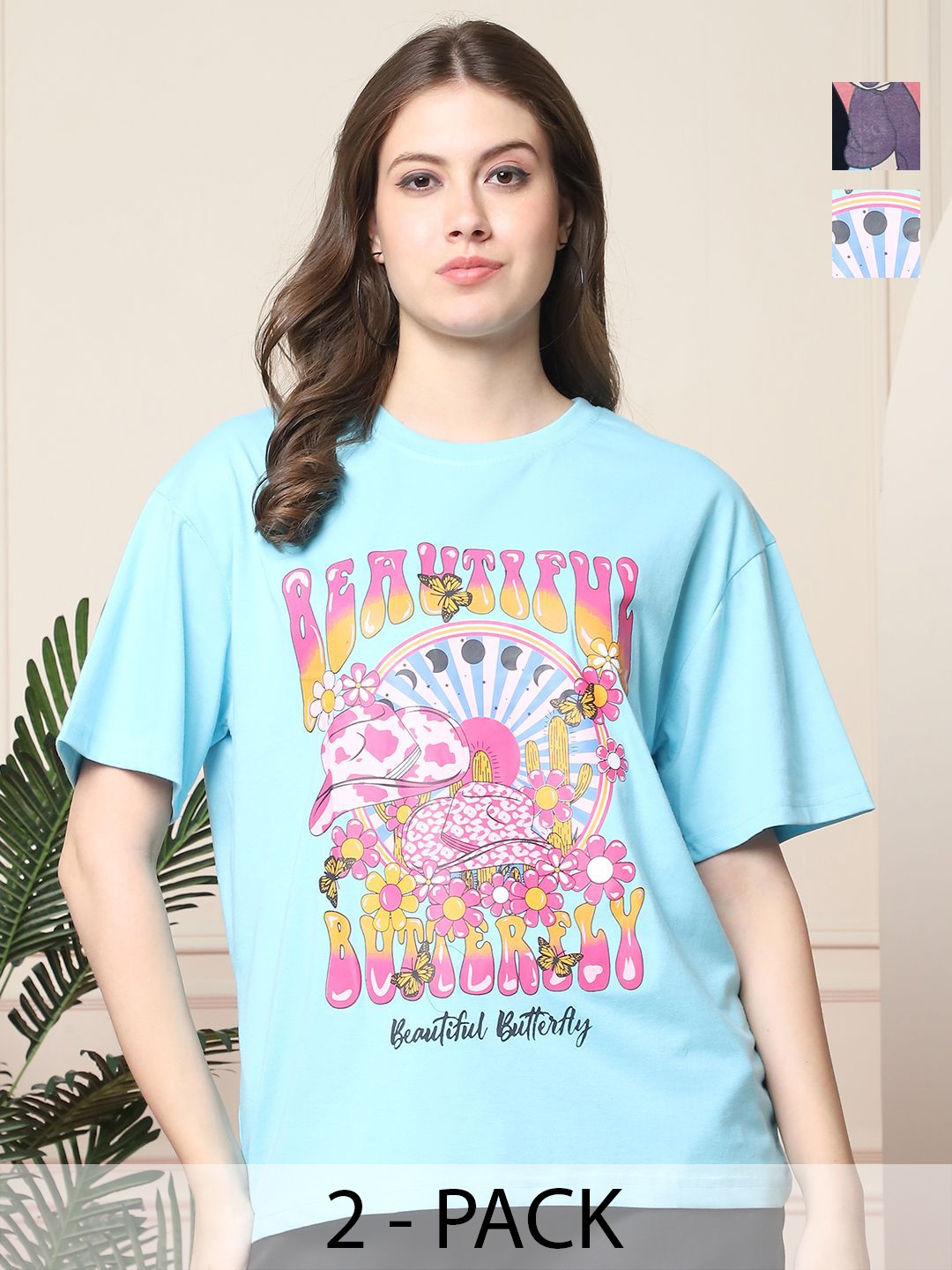 

Dreambe Women Pack Of 2 Graphic Printed Round Neck Cotton Oversized T-shirts, Turquoise blue