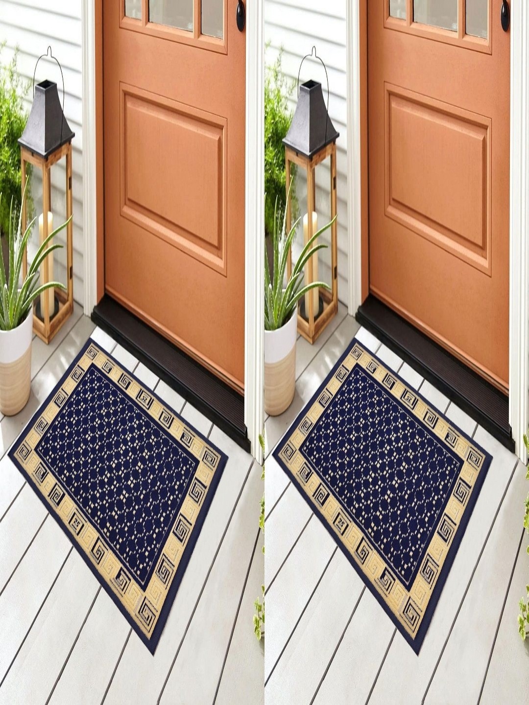 

Myntra Elegant Homes Blue & Cream 2 Pieces Geometric Cotton Rectangular Anti-Slip Doormats