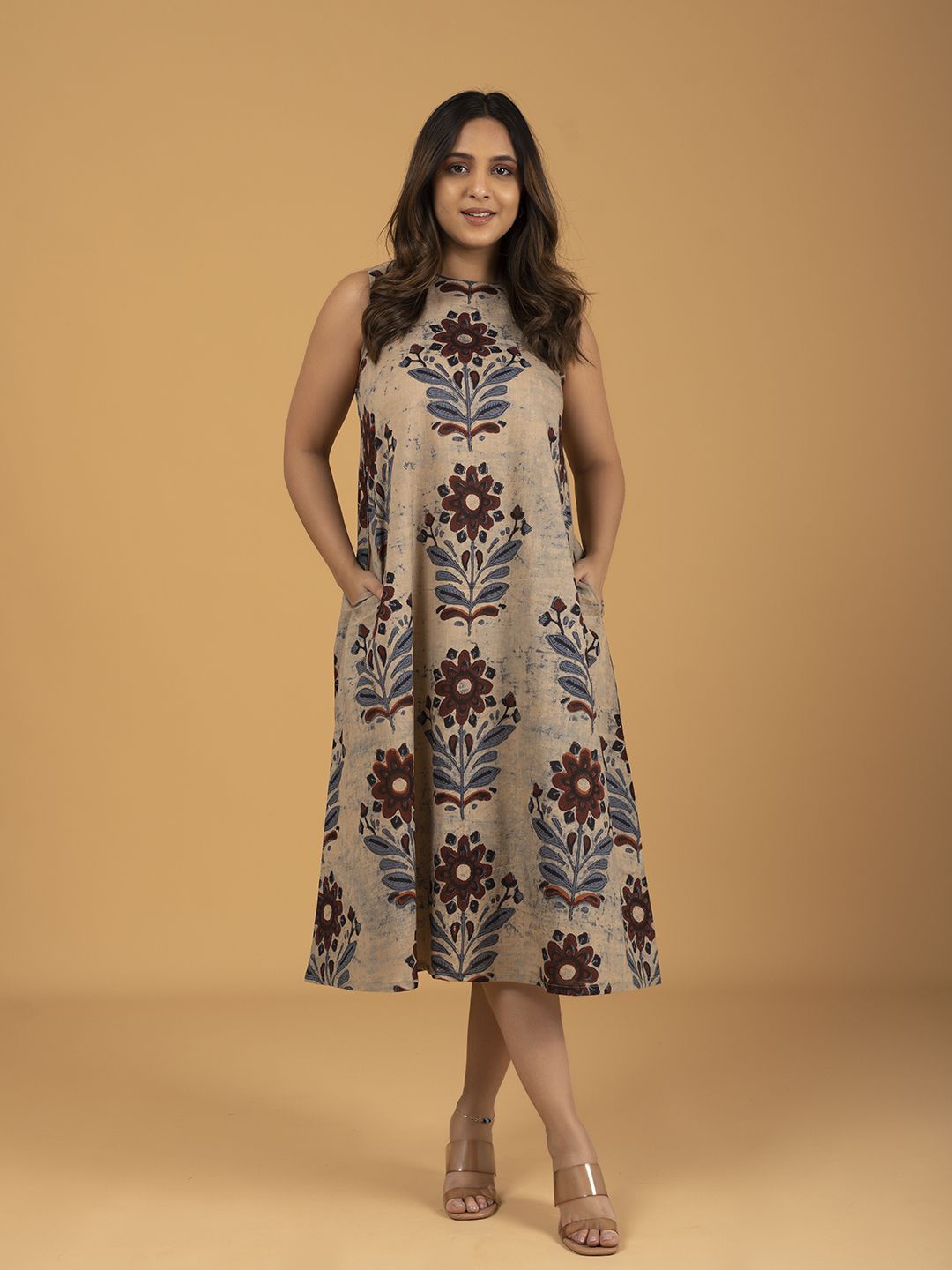 

SPARSA Women Ethnic Motifs Print A-Line Midi Dress, Beige