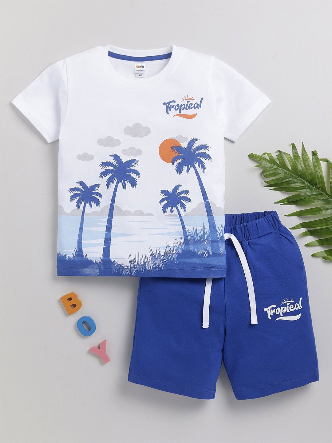 

LITTLE NINJA Boys Printed Round Neck Pure Cotton T-Shirt With Shorts, Blue