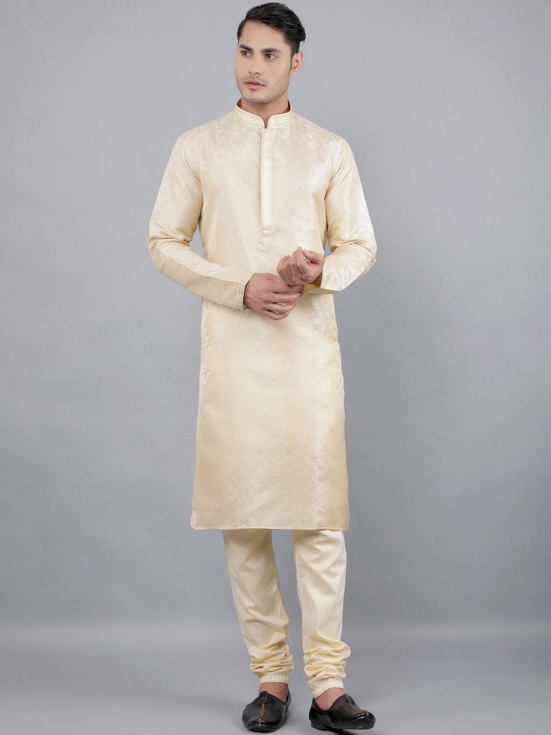 

Manish Creations Floral Woven Design Mandarin Collar Jacquard Straight Kurta With Churidar, White