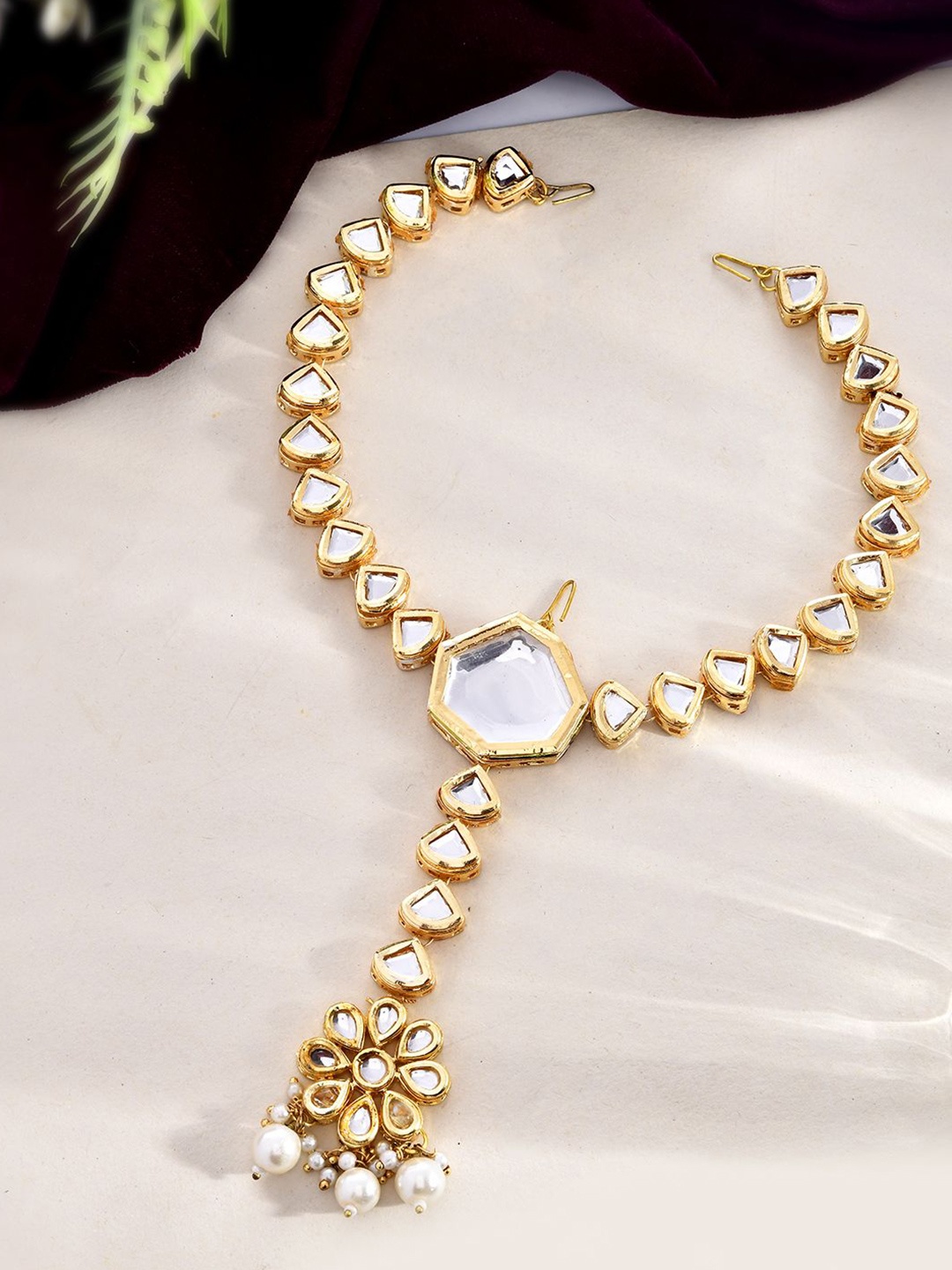 

Silvermerc Designs Gold-Plated Pearls Studded Maang Tikka