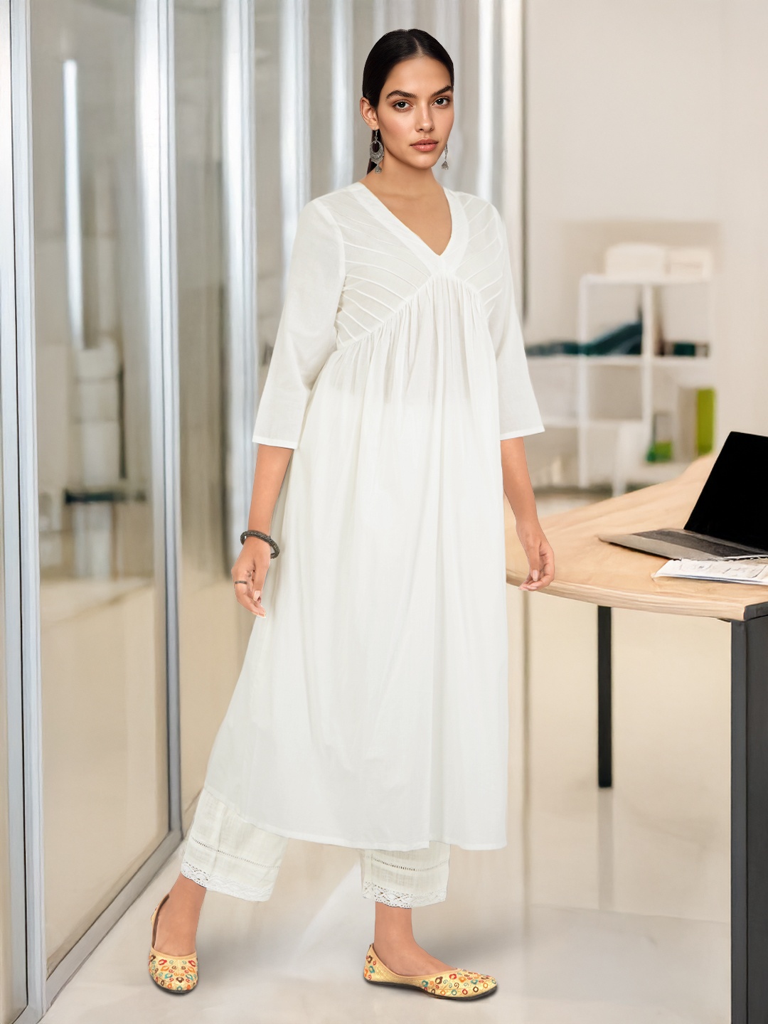 

Taavi Pure Cotton Romance Woven Legacy Pintuck Details A-Line Kurta, White