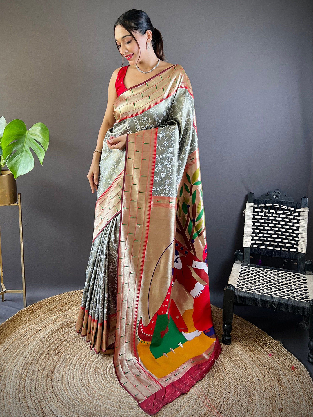 

RAJ DHARMA SILK Woven Design Zari Silk Blend Paithani Saree, Grey