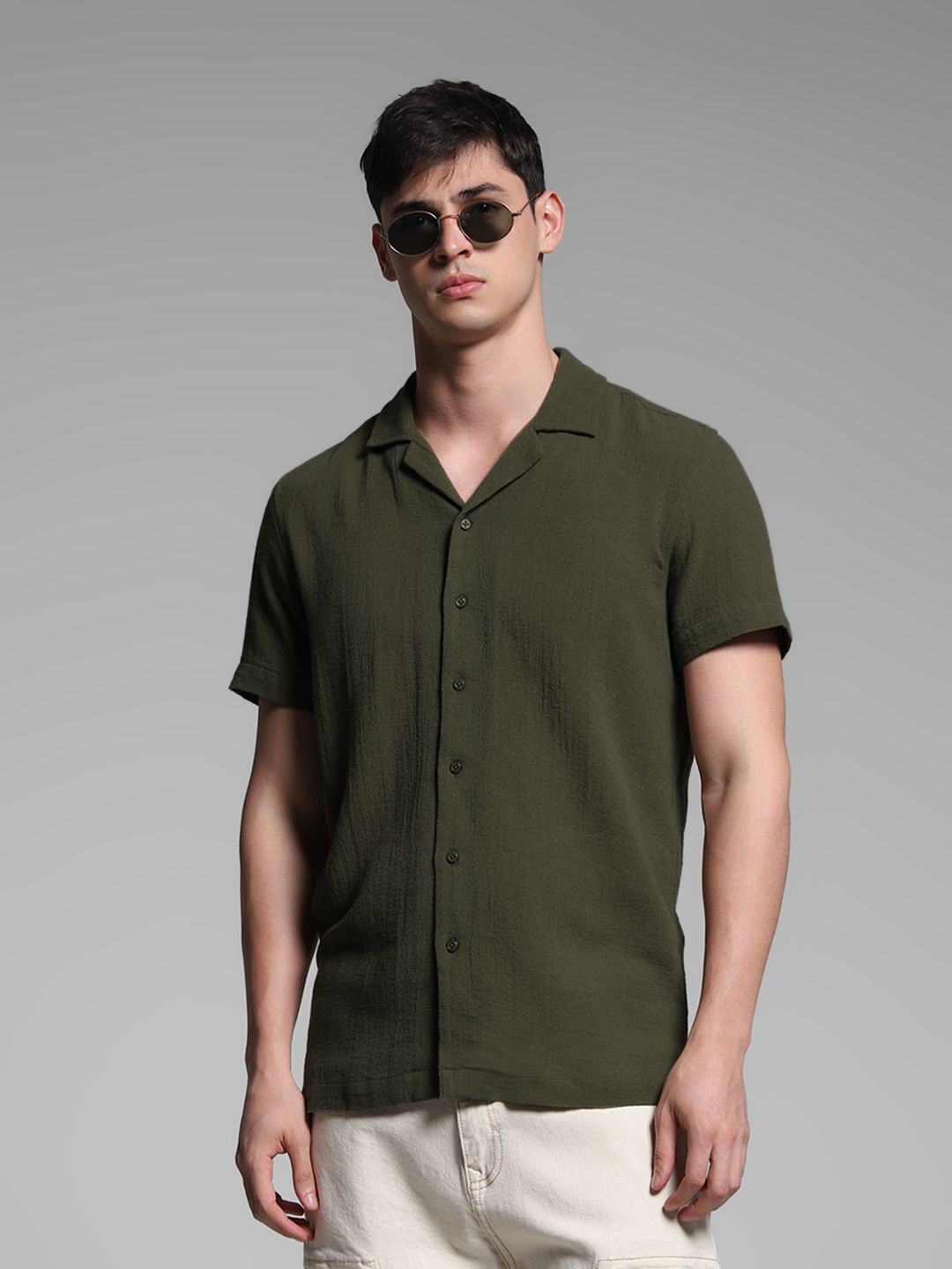 

Jack & Jones Men Cuban Collar Solid Cotton Casual Shirt, Olive