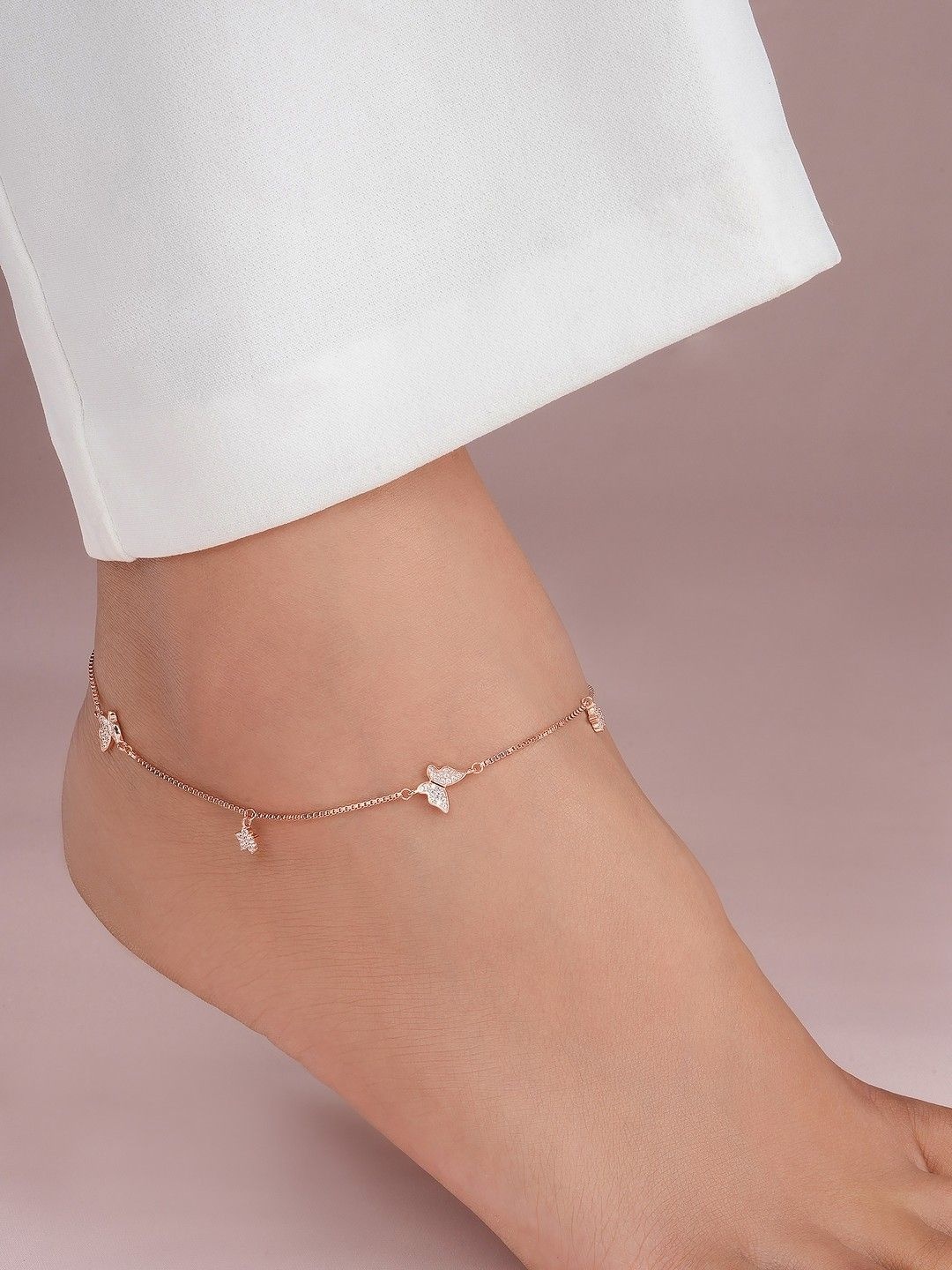 

Zavya 925 Pure Silver Rose Gold-Plated Artificial Stones Studded Anklet