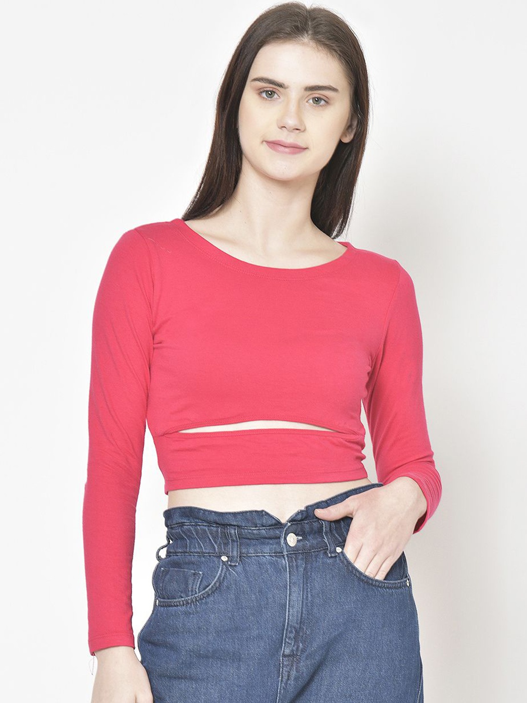 

Moda Rapido Women Round Neck Pure Cotton Crop Top, Red