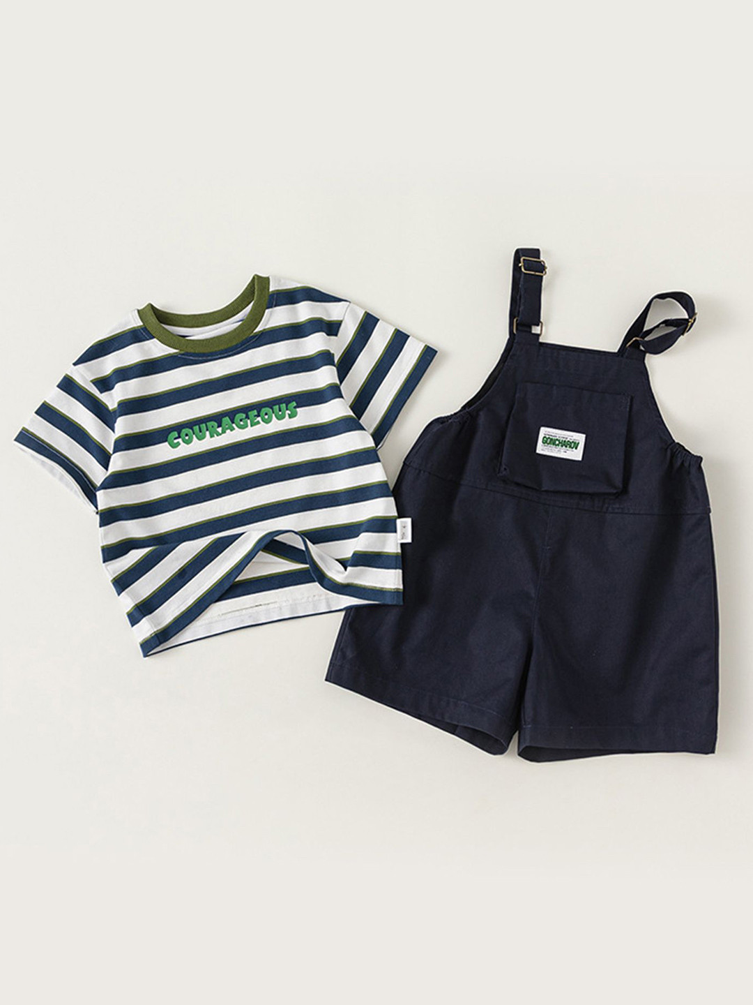 

LULU & SKY Boys Shoulder Straps Neck Cotton Dungarees With T-Shirt, Navy blue