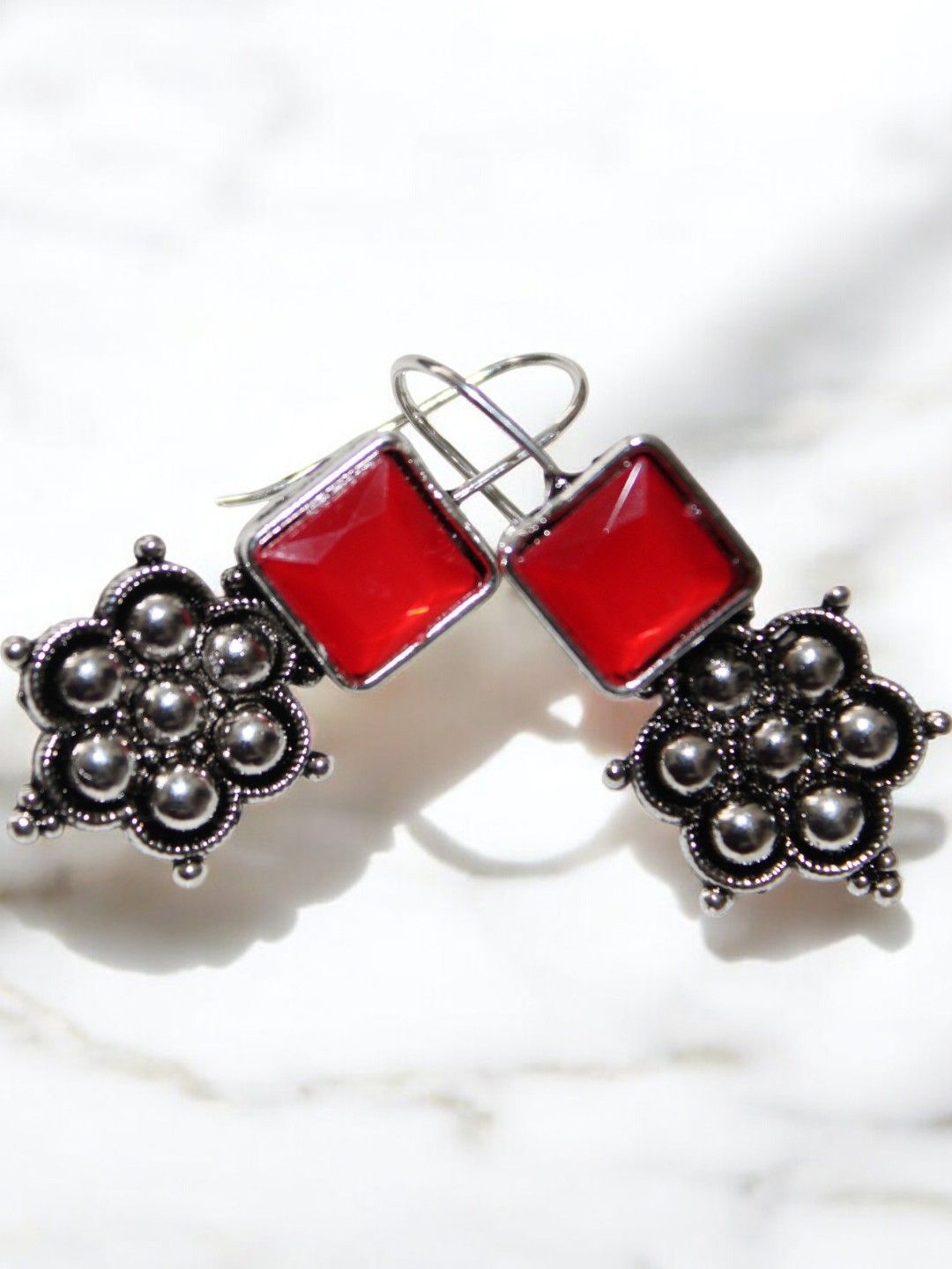 

Jolly Faces Artificial Stones Studded Contemporary Oxidised Drop Earrings, Silver