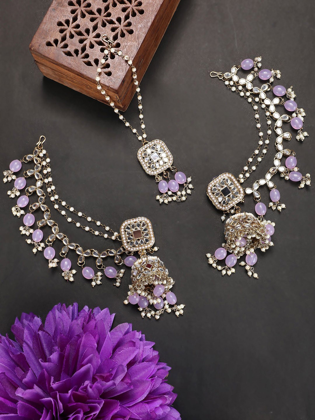 

EVY Contemporary Shaped Copper Plated Artificial Stones And Beads jhumkas, Purple