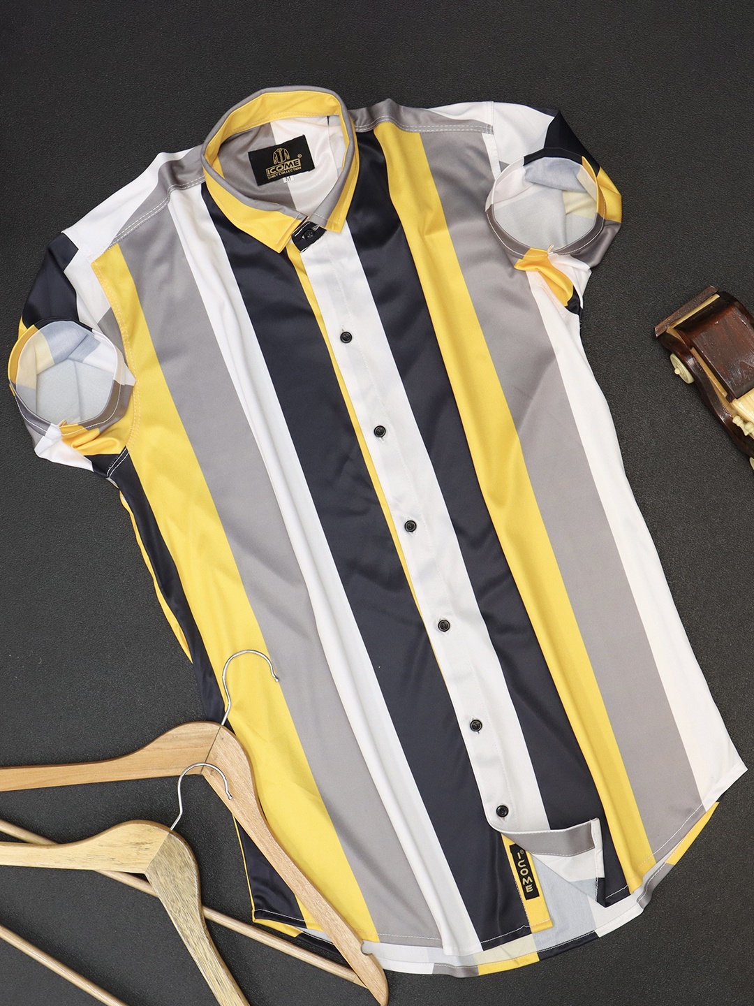 

iCome Men Spread Collar Vertical Striped Cotton Linen Casual Shirt, Yellow