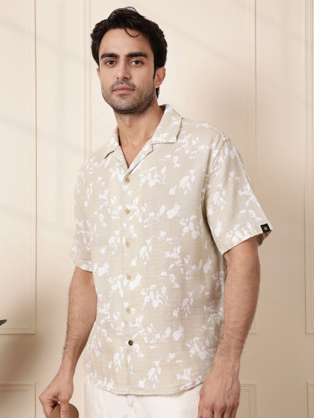

WROGN Men Comfort Fit Cuban Collar Floral Printed Cotton Casual Shirt, Beige