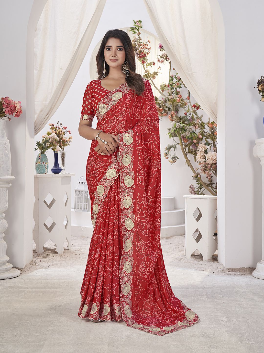 

all about you Floral Embroidered Poly Georgette Saree, Red