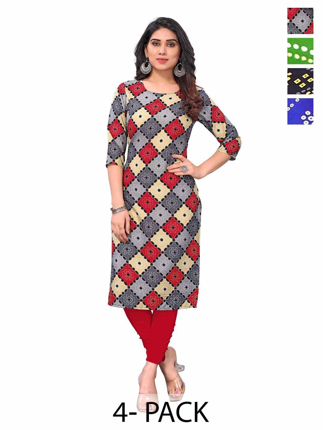 

KETAKI FASHION Selection Of 4 Floral Printed Round Neck Straight Kurta, Red