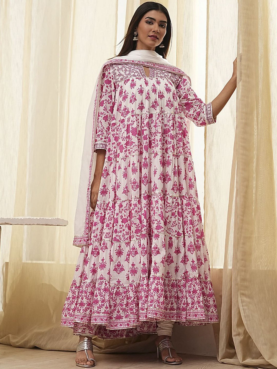 

Biba Floral Printed Notch Neck Layered Pure Cotton Kurta With Churidar And Dupatta, Pink