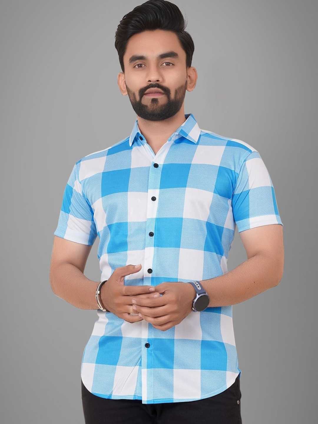 

Metronaut Men Regular Fit Spread Collar Buffalo Checked Elastane Casual Shirt, Blue