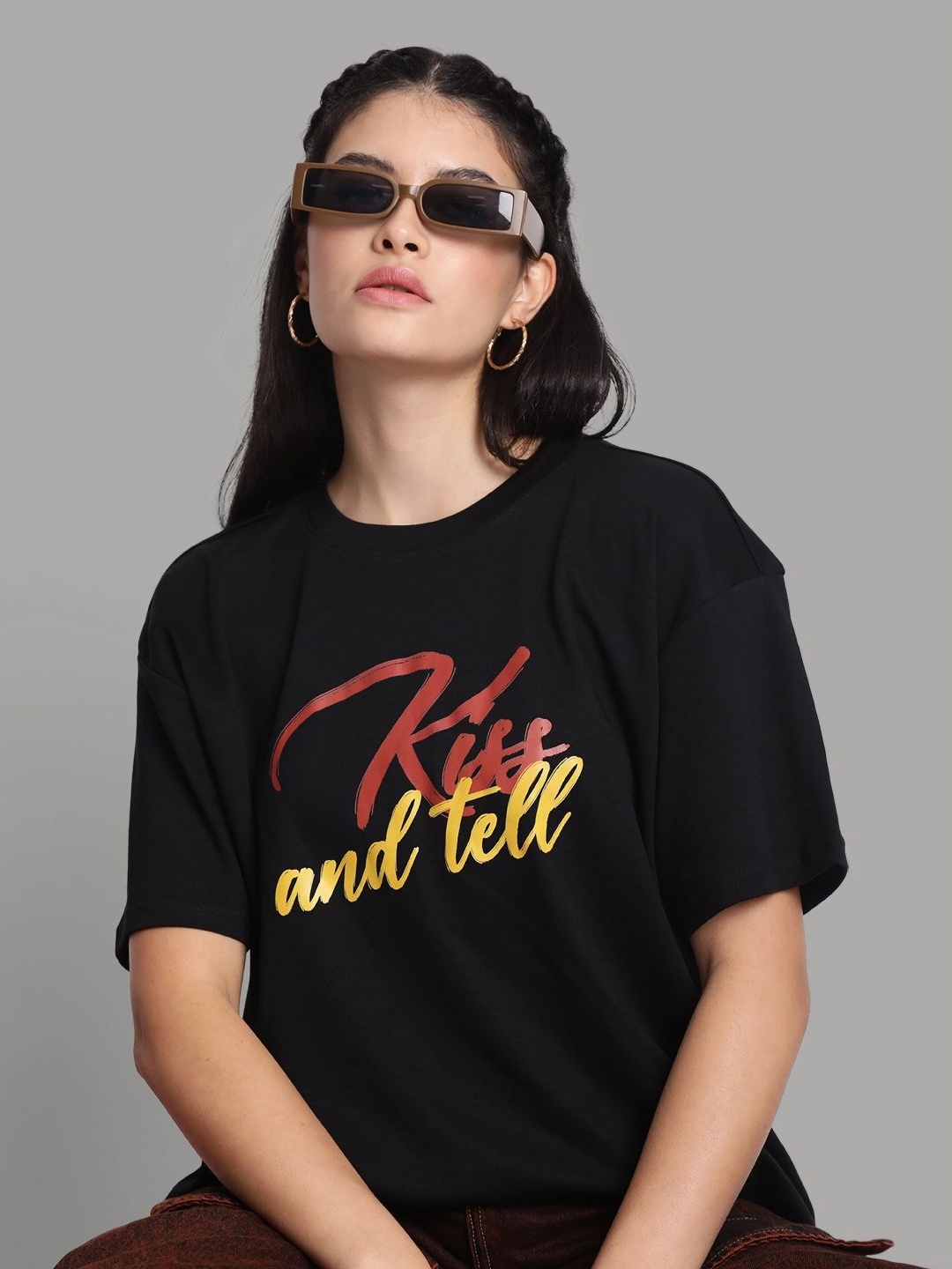 

Bene Kleed Women Graphic Printed Round Neck Cotton Oversized T-shirt, Black