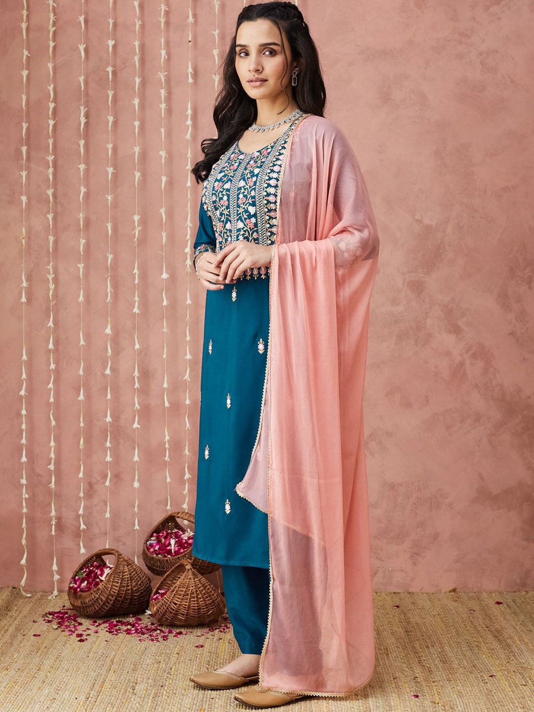 

SANSKAR Floral Embroidered Round Neck Straight Kurta With Trouser & Dupatta, Blue