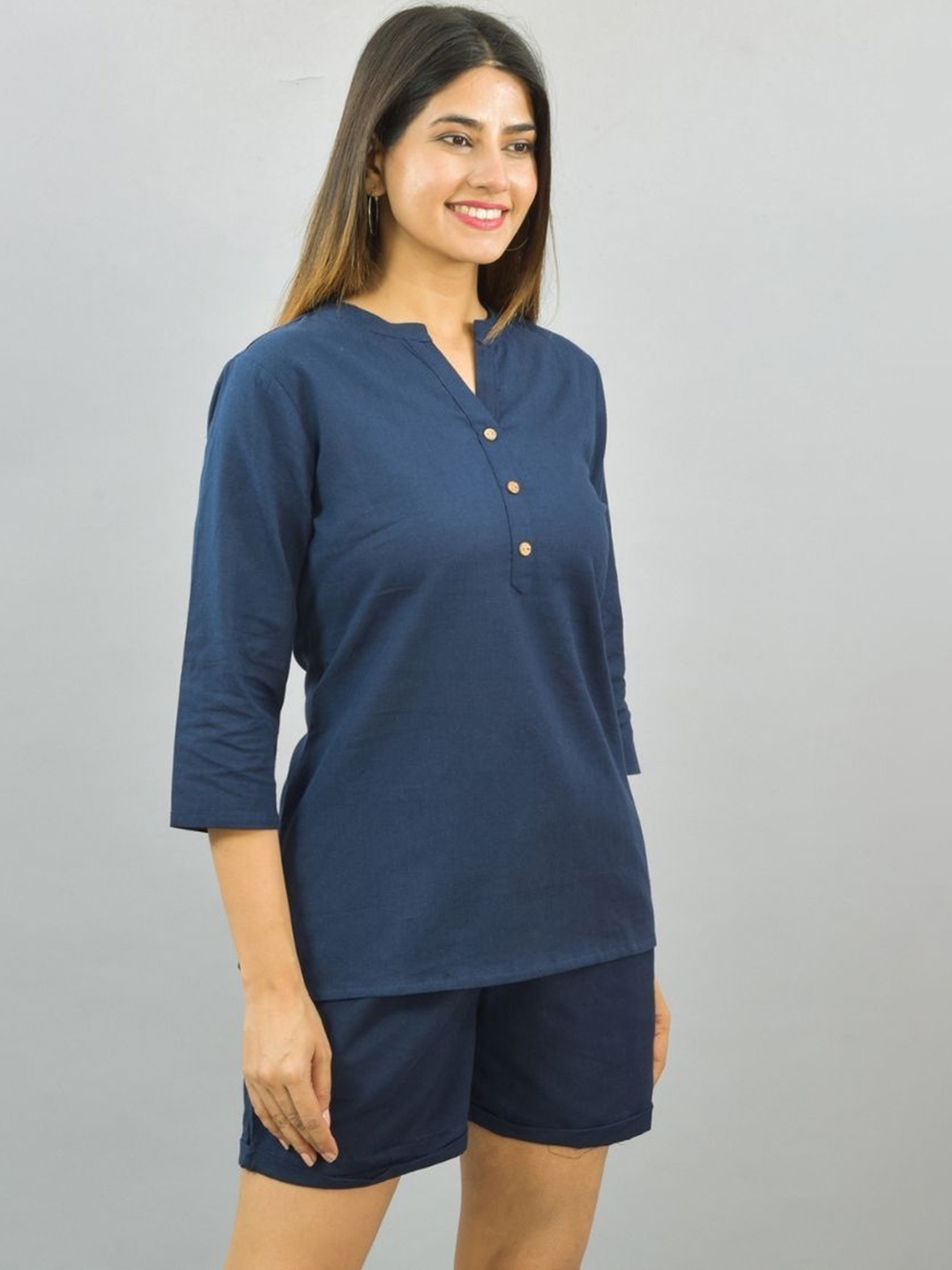 

ATARAH Mandarin Collar Pure Cotton Top With Shorts, Navy blue