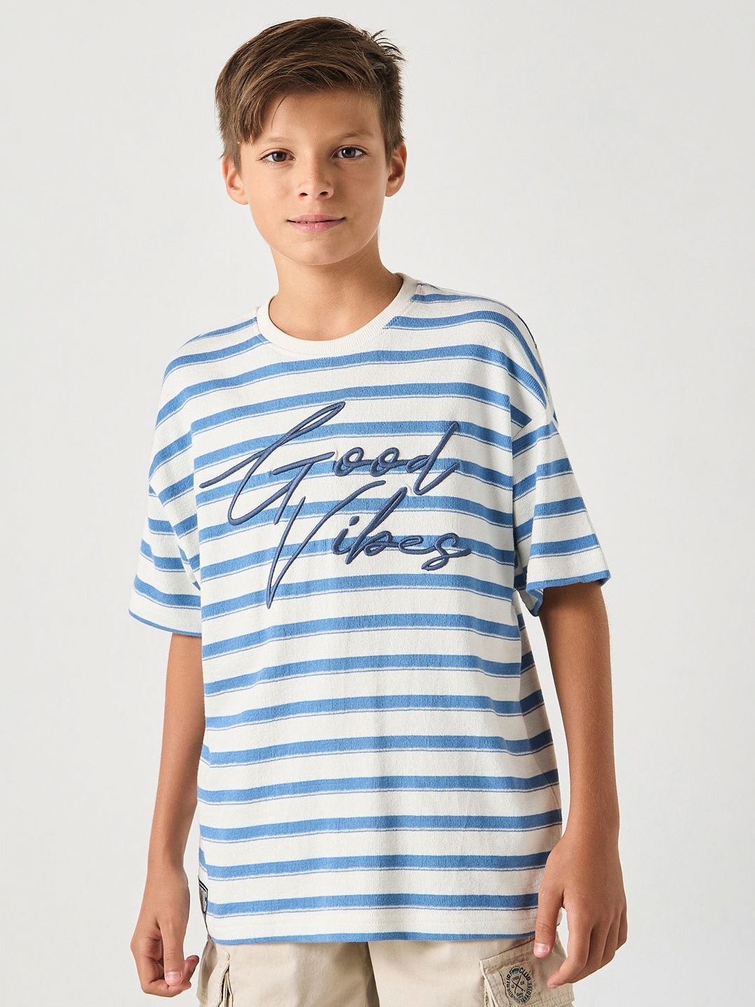 

max Boys Striped Round Neck Cotton Oversized T-shirt, White