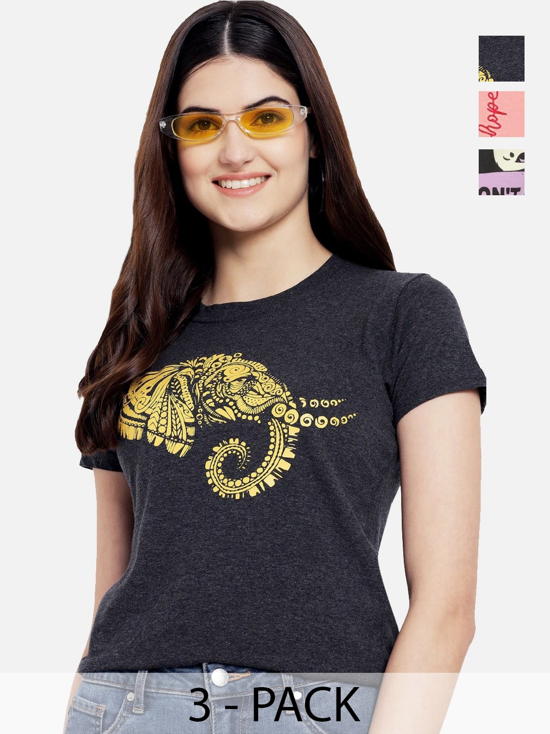 

Dreambe Women Pack Of 3 Graphic Printed Round Neck Cotton T-shirts, Charcoal