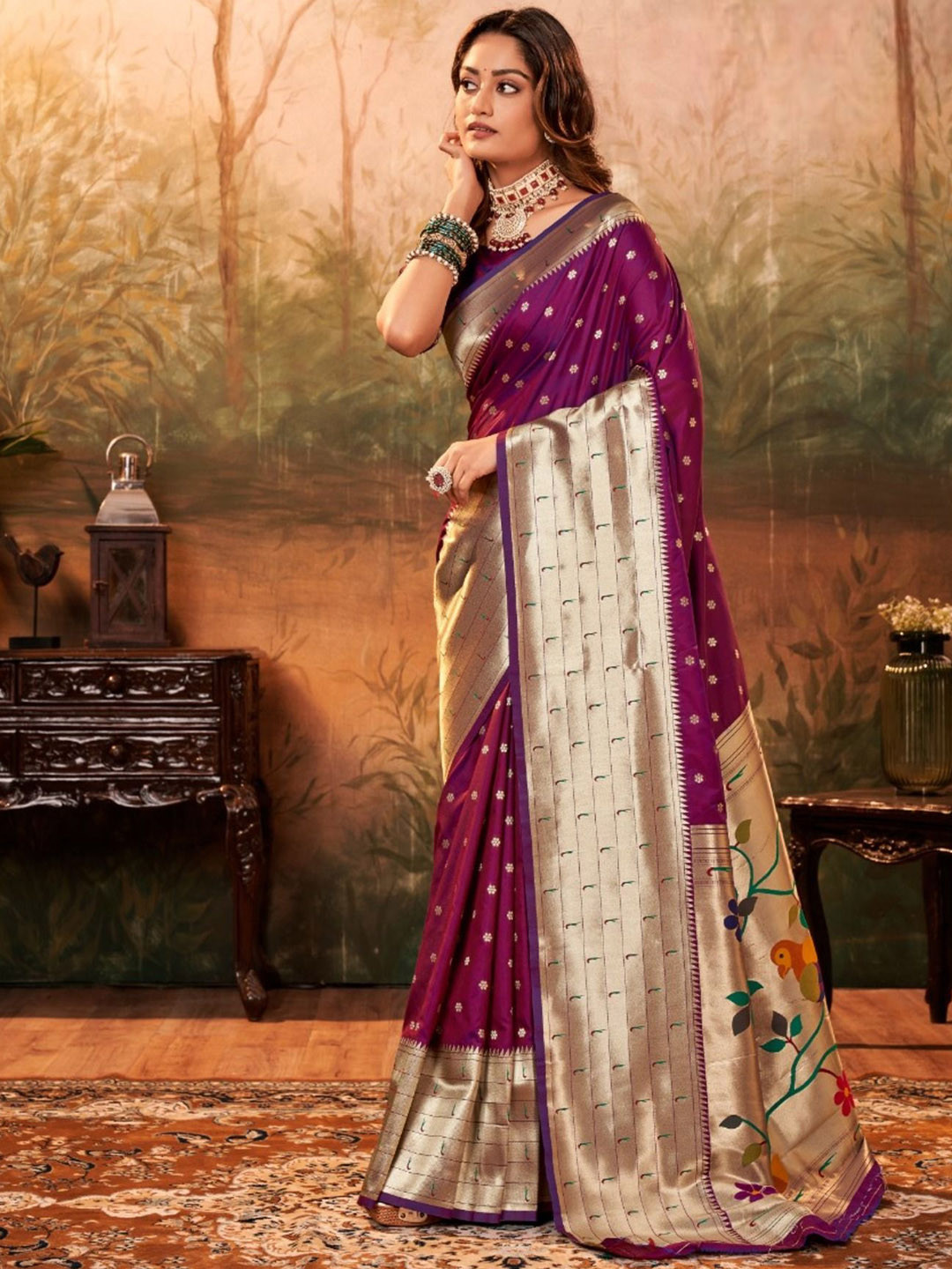 

DIVASTRI Woven Design Zari Silk Blend Paithani Saree, Purple