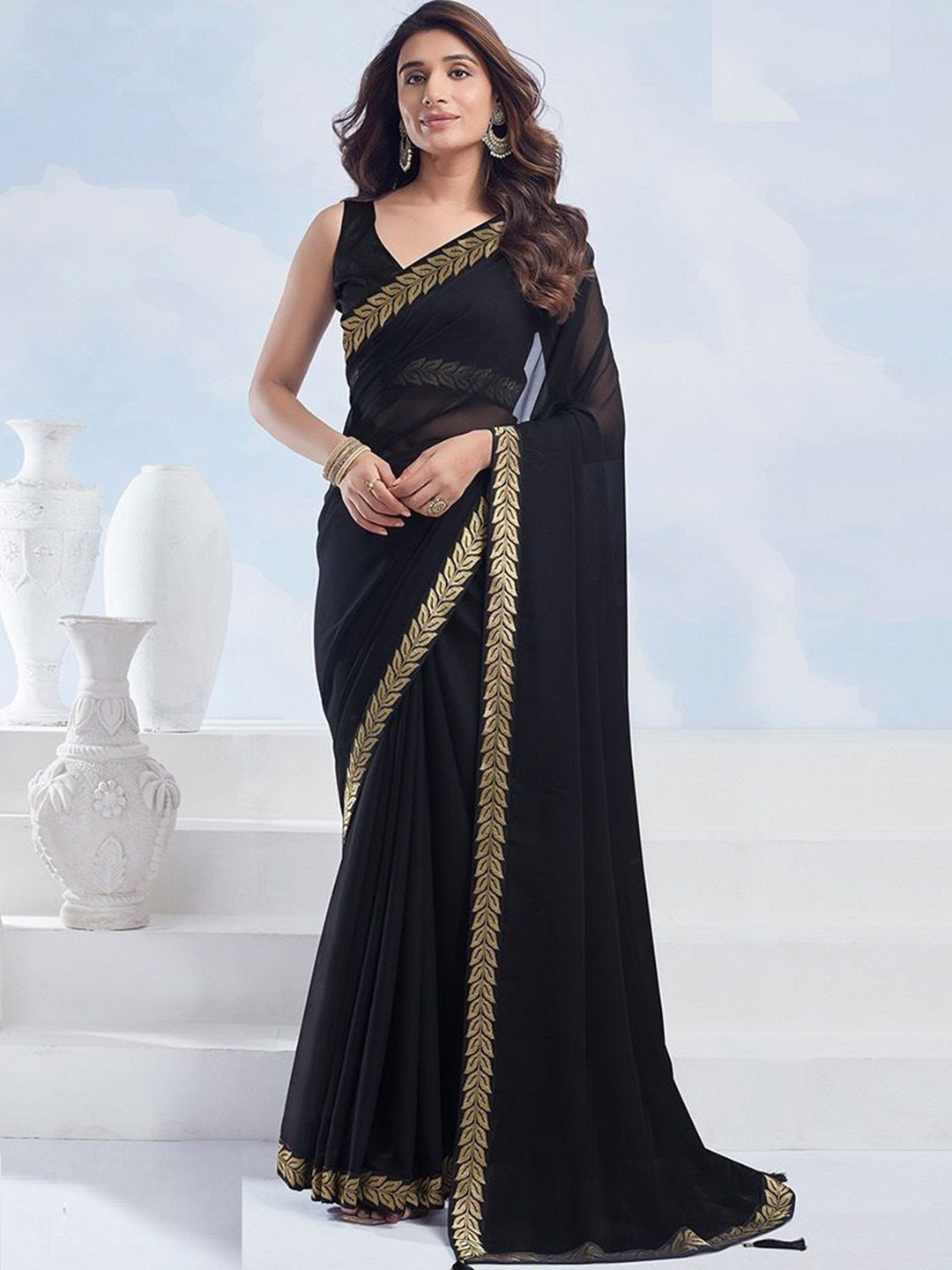 

Styleveda Solid Laced Border Saree, Black