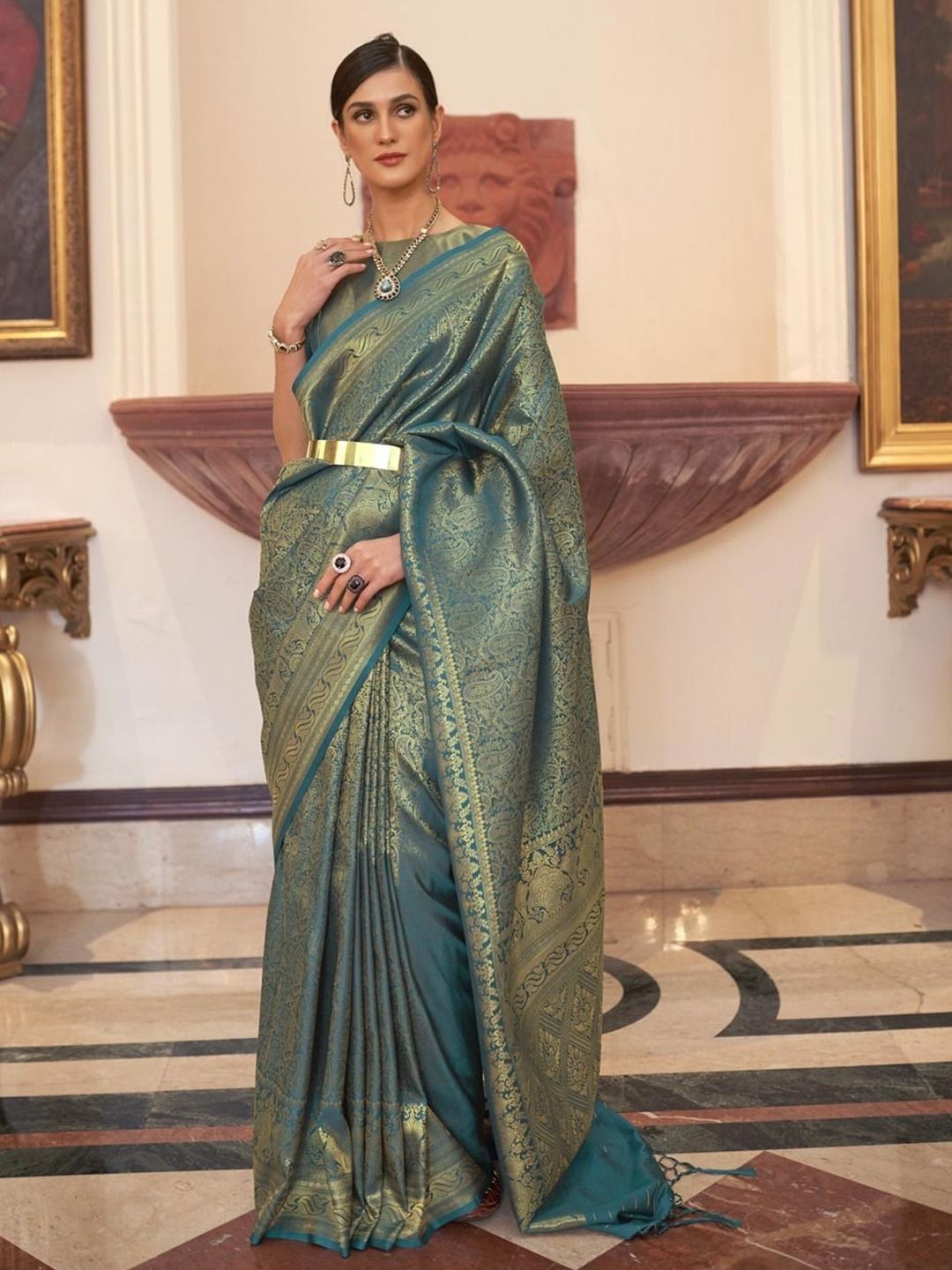 

Anouk Woven Design Zari Silk Blend Banarasi Saree, Teal