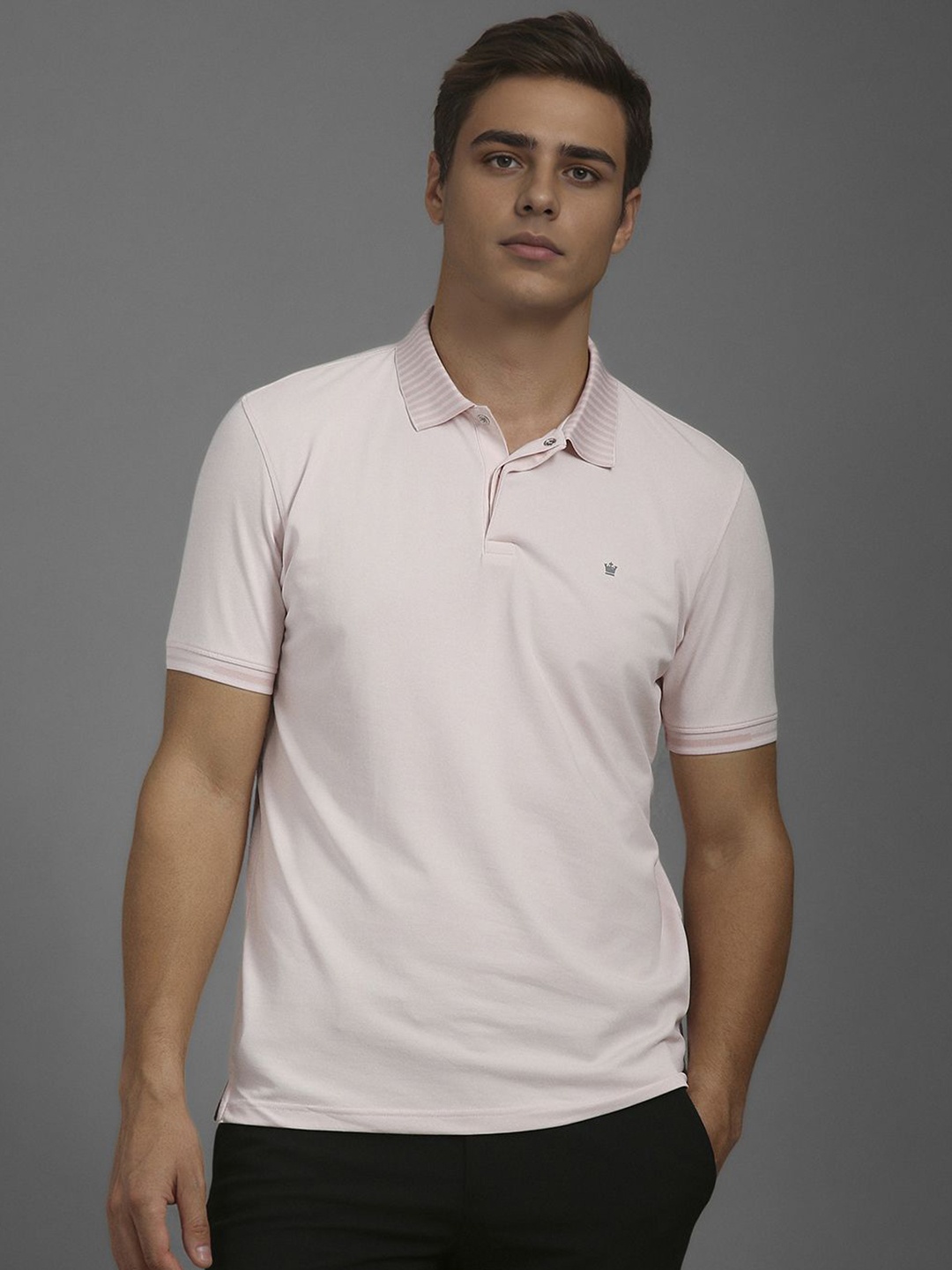 

Louis Philippe Men Solid Polo Collar Cotton Slim Fit T-shirt, Pink
