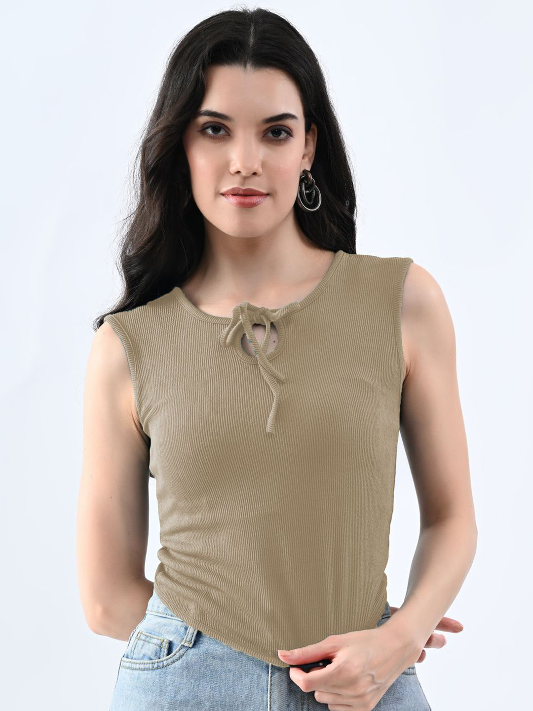 

Moda Rapido Women Round Neck Crop Top, Beige