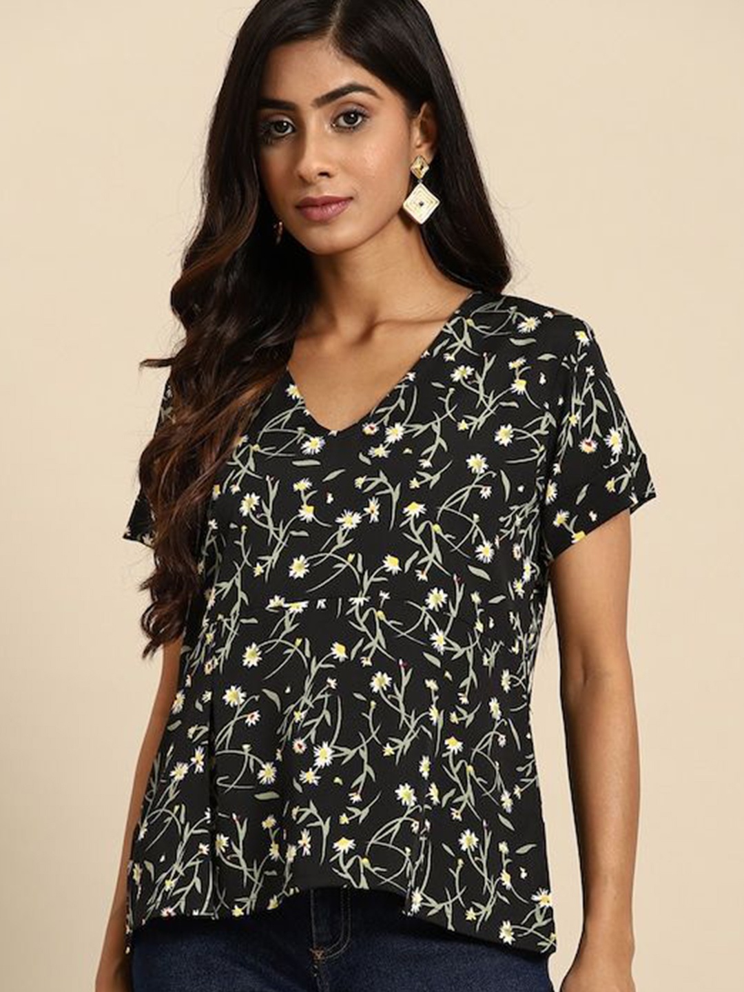 

DressBerry Women Floral Printed V-Neck Top, Black