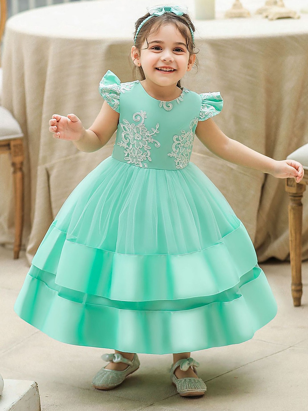

LULU & SKY Girls Embroidered Flutter Sleeves Layered Maxi Gown Dress, Green