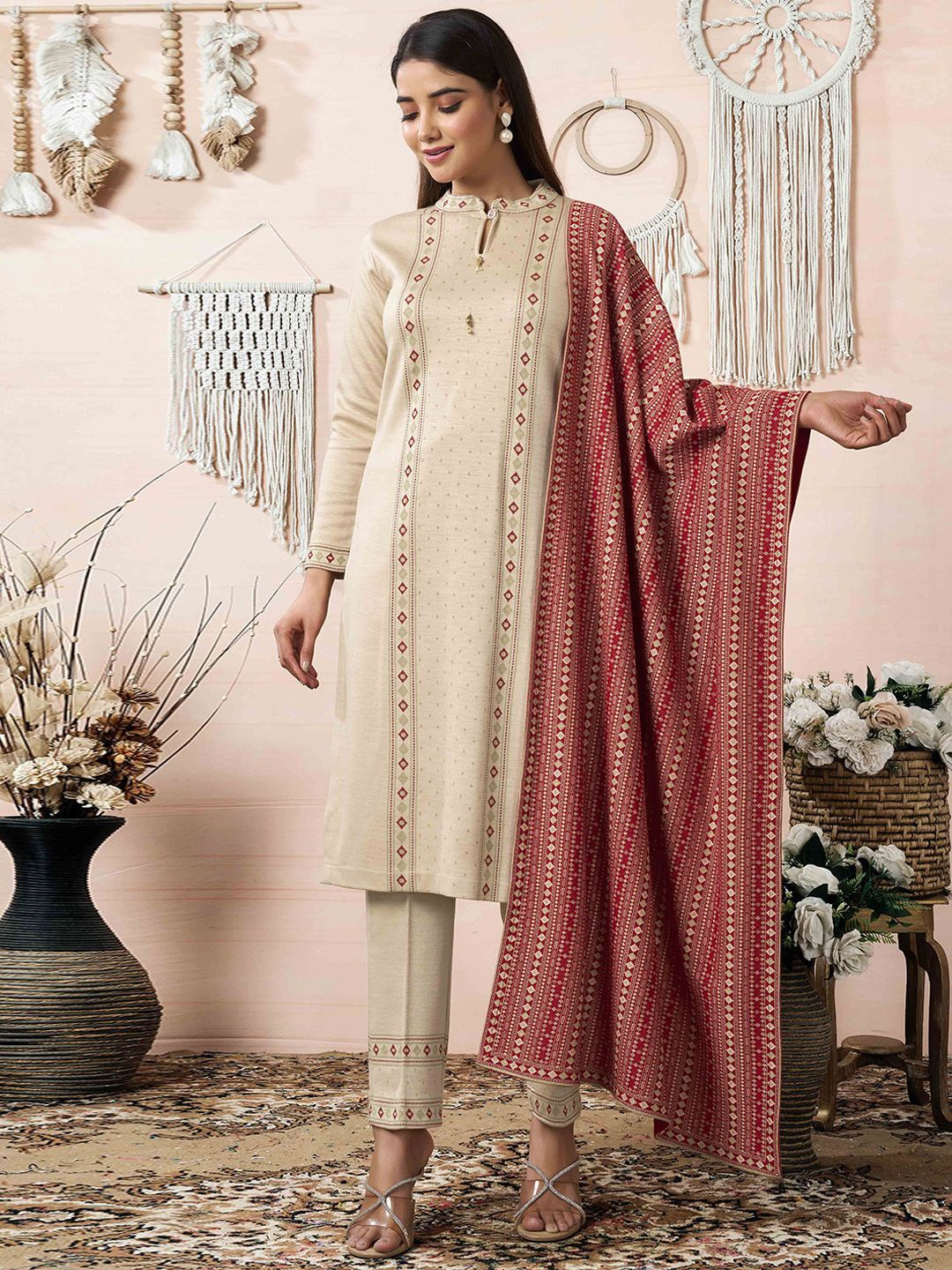 

Peachmode Geometric Woven Design Pure Wool Straight Kurta With Trousers & Dupatta, Beige