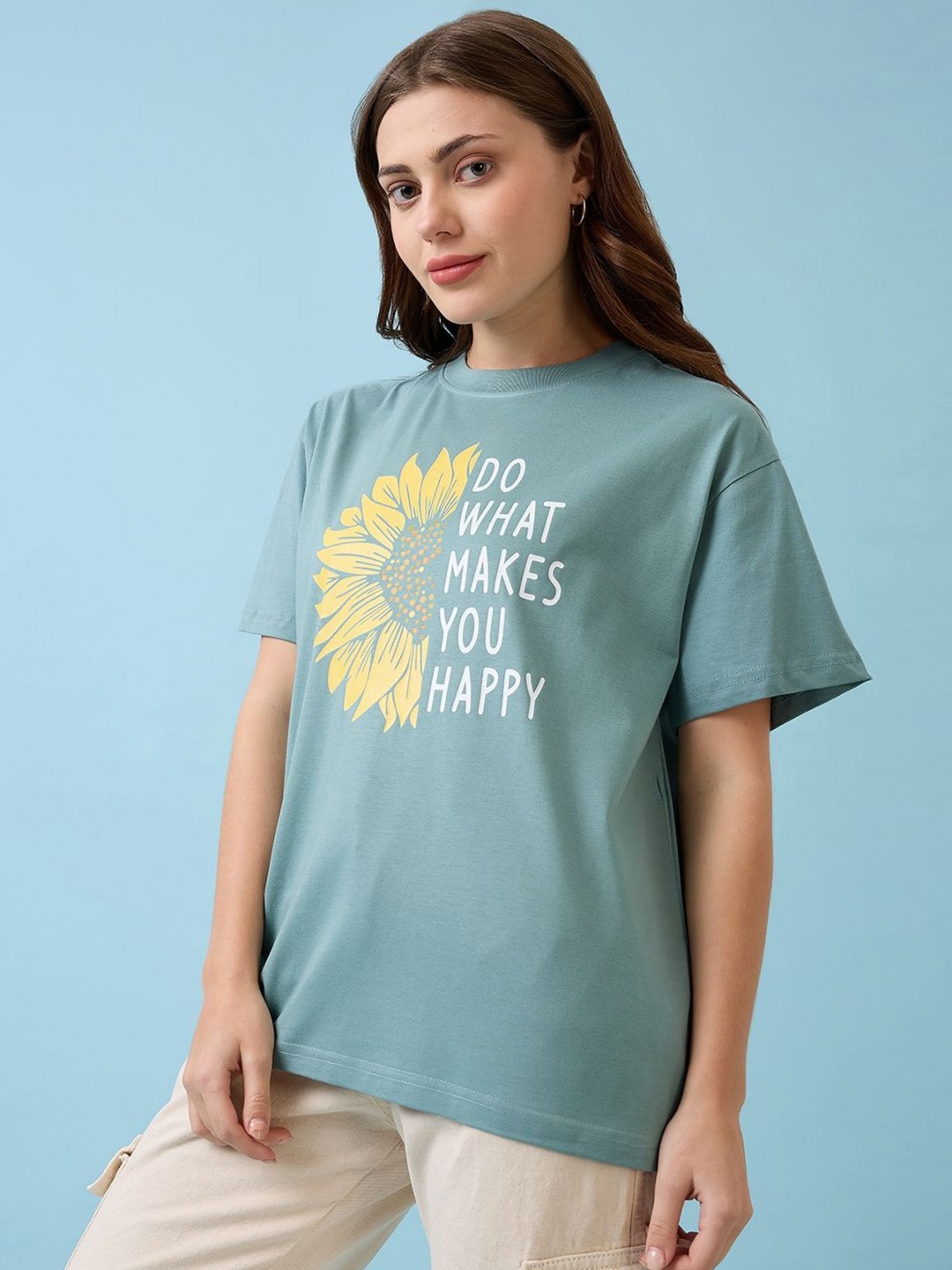 

Mast & Harbour Women Graphic Printed Round Neck Cotton Oversized T-shirt, Teal