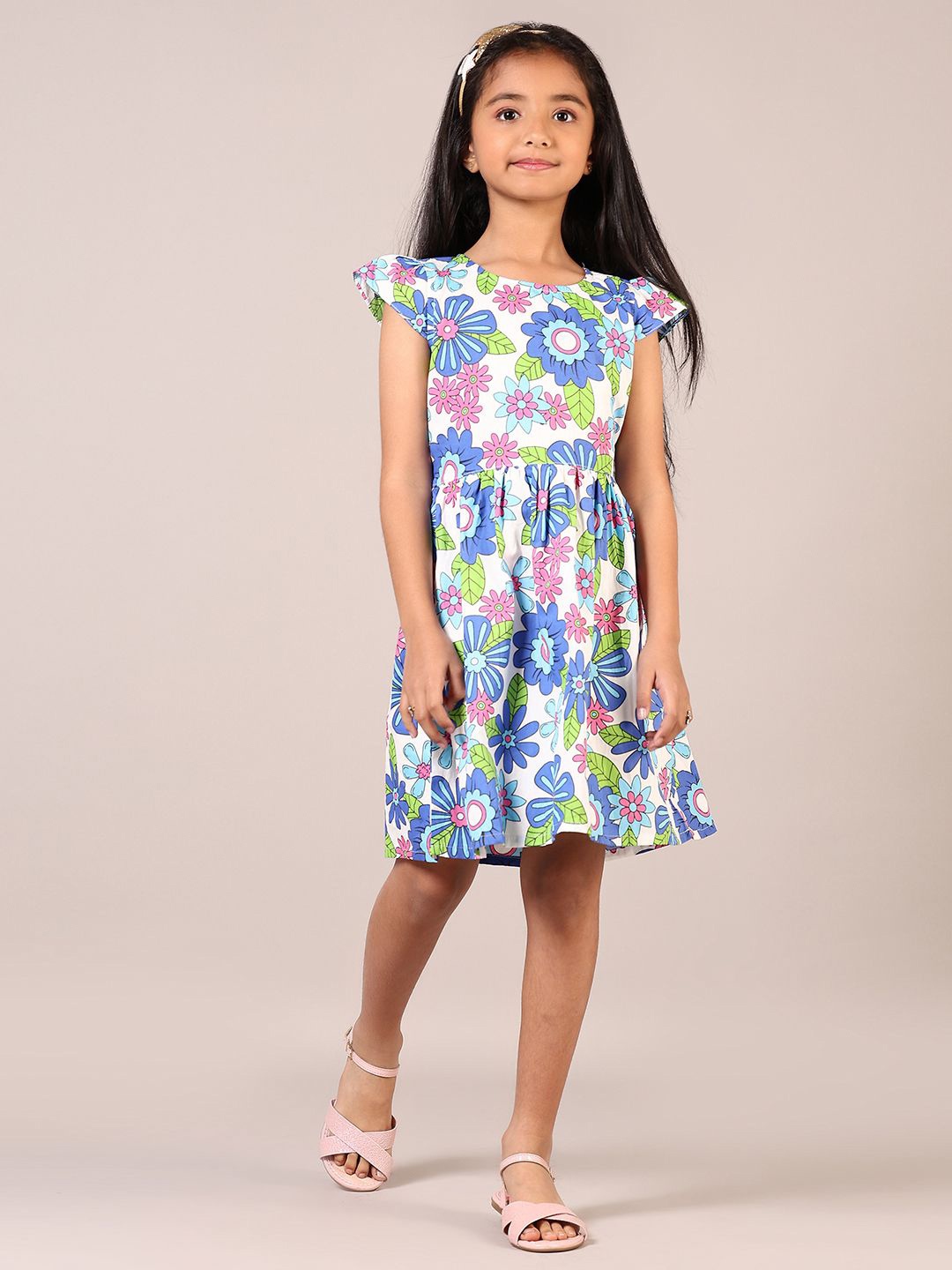 

V-Mart Girls Floral Printed Gathered Fit & Flare Cotton Dress, White