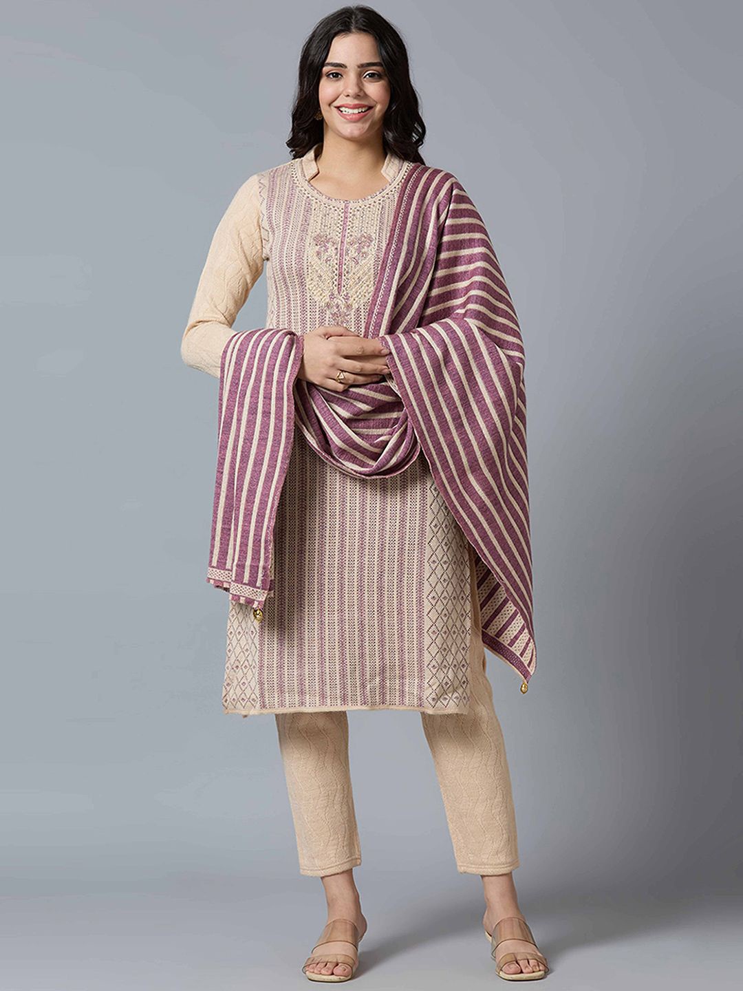 

Peachmode Geometric Woven Design Pure Wool Straight Kurta With Trousers & Dupatta, Beige