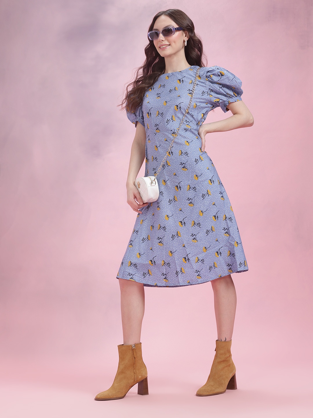 

DressBerry Floral Print Puff Sleeve A-Line Dress, Blue
