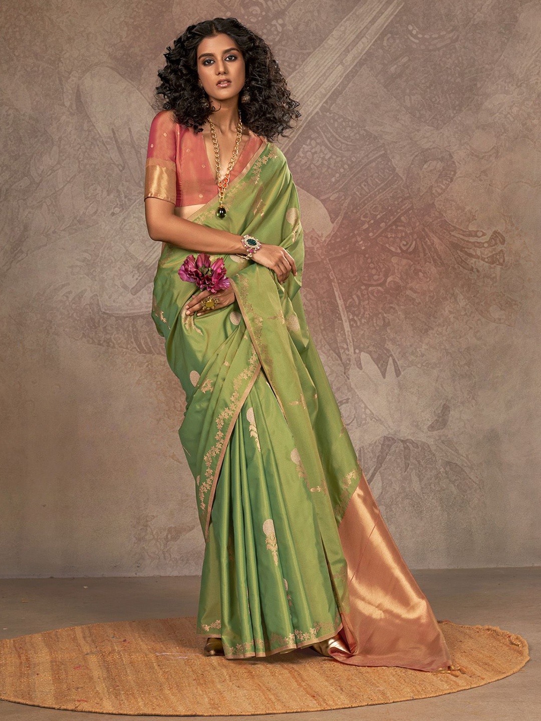 

elora Woven Design Zari Silk Blend Chanderi Saree, Lime green