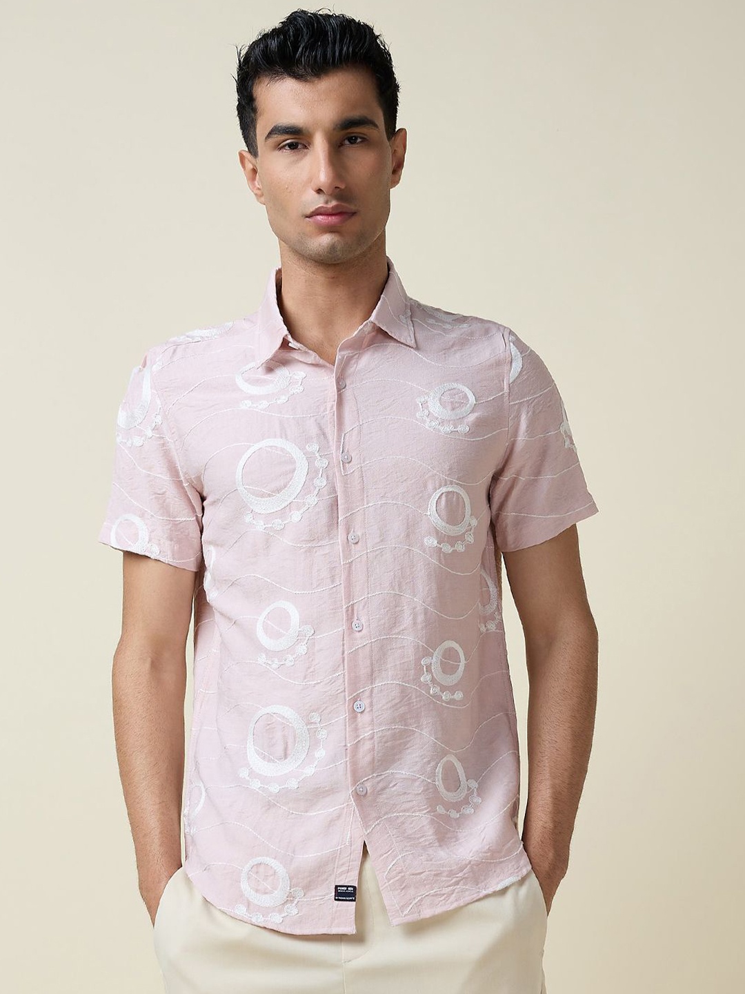 

Thomas Scott Men Embroidered Regular Fit Casual Shirt, Pink