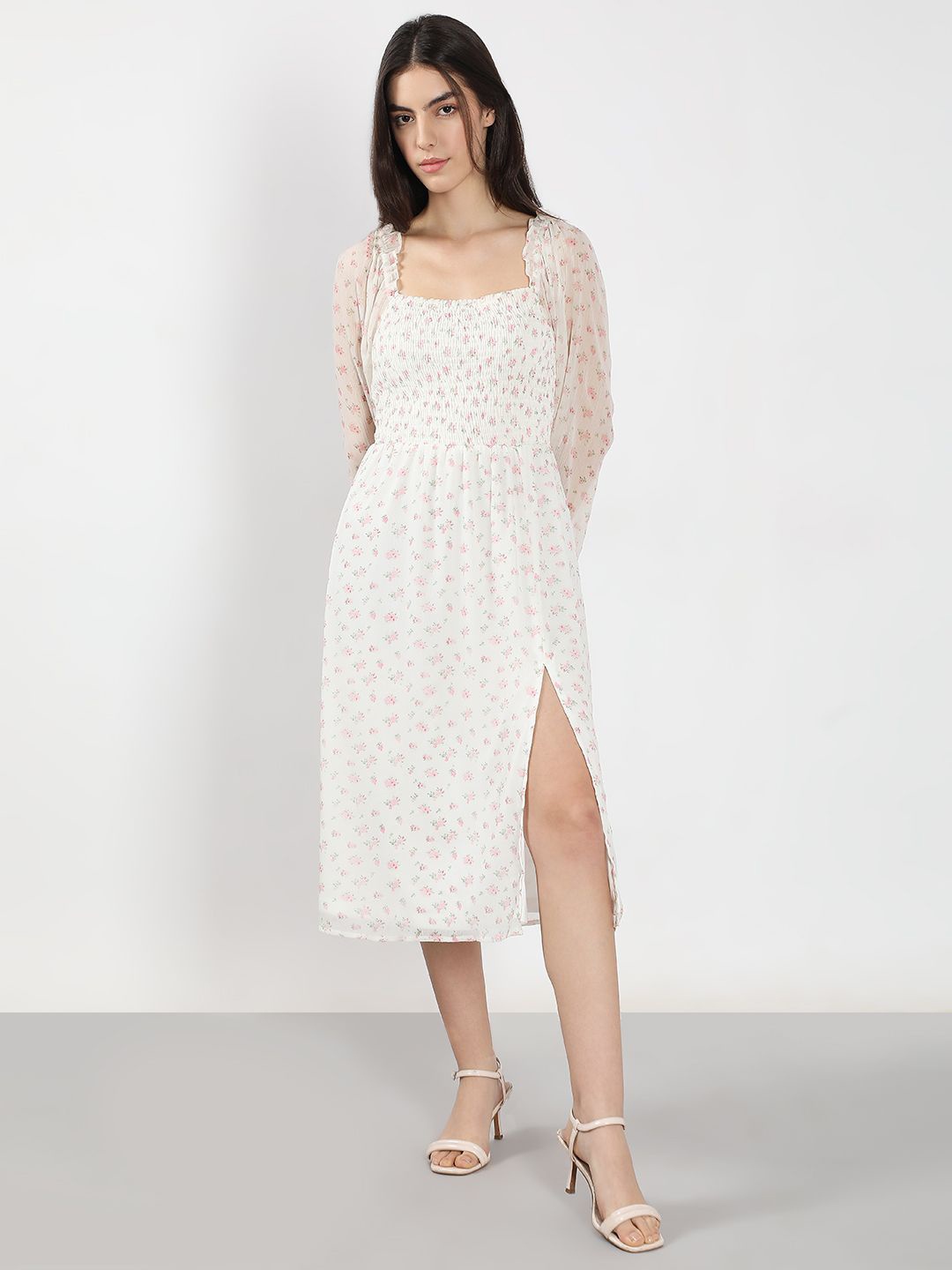 

Vero Moda Women Floral Print Square Neck Puff Sleeves Fit & Flare Smocked Midi Dress, White