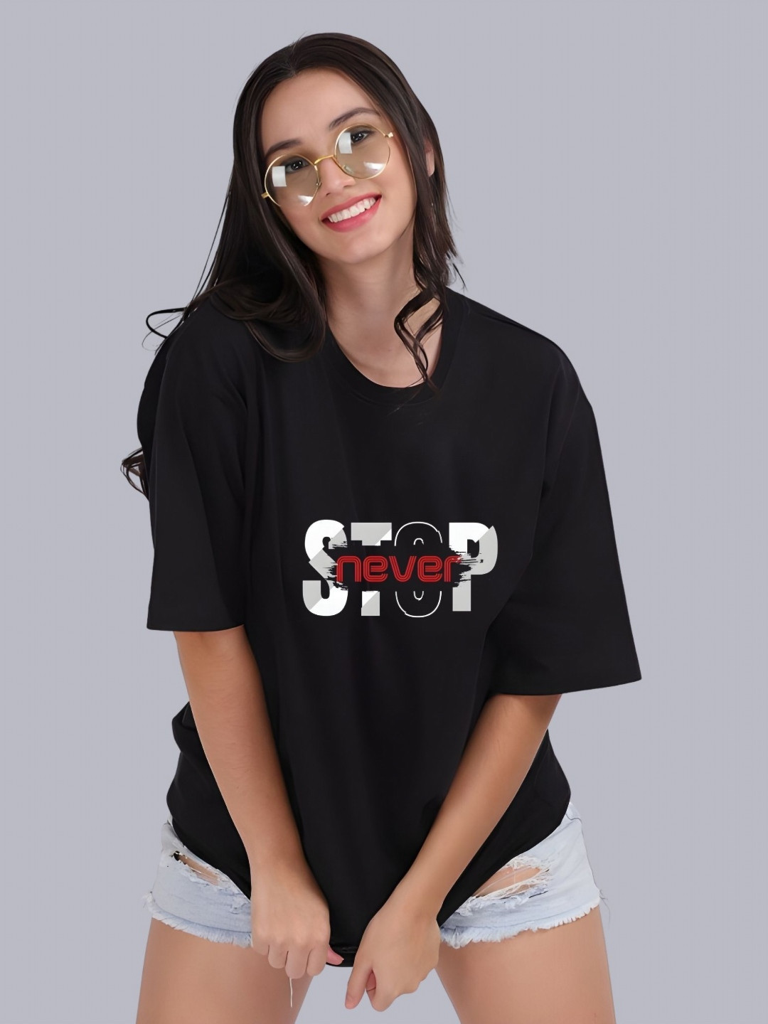 

Moda Rapido Women Typography Printed Round Neck Cotton Oversized T-shirt, Black