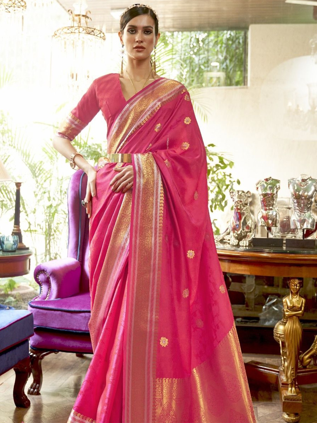 

Anouk Woven Design Zari Silk Blend Banarasi Saree, Pink