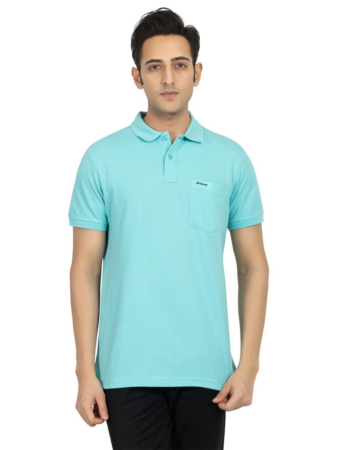 

Antiloop Men Solid Polo Collar Cotton T-shirt, Sea green