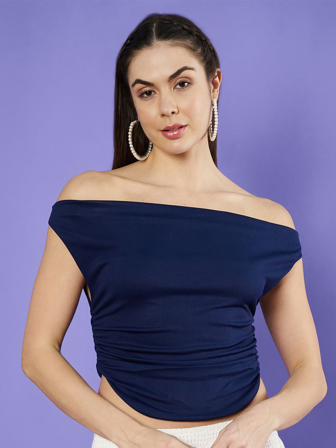 

Istyle Can Women Solid Off-Shoulder Top, Navy blue