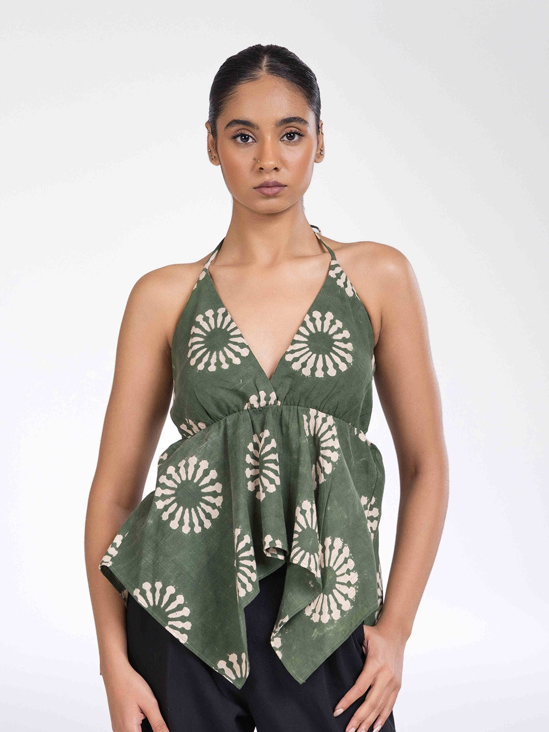 

Past Modern Women Halter Neck Cotton Empire Top, Green