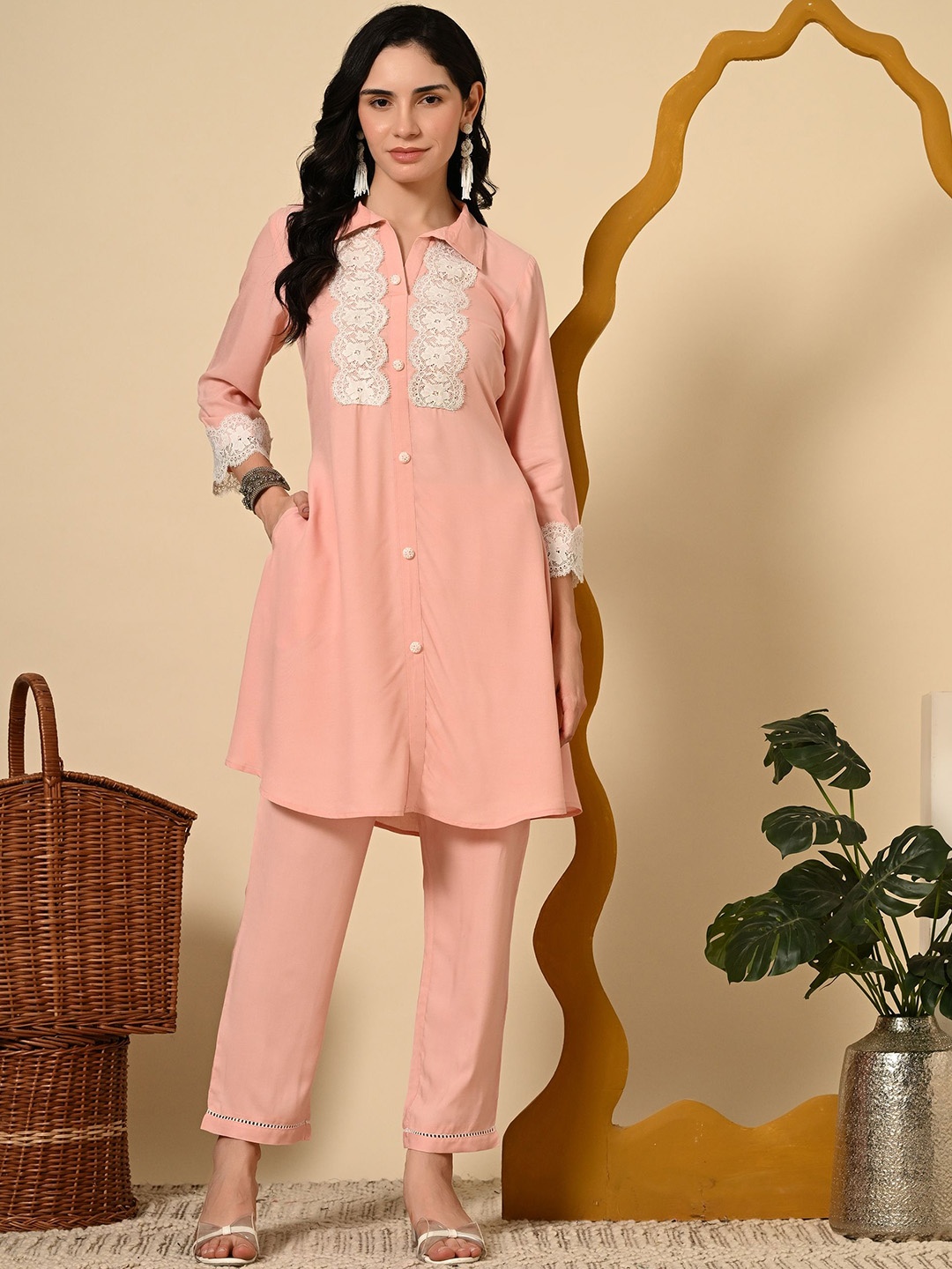 

NETREYAM Shirt Collar Top & Trousers Co-Ords Set, Pink