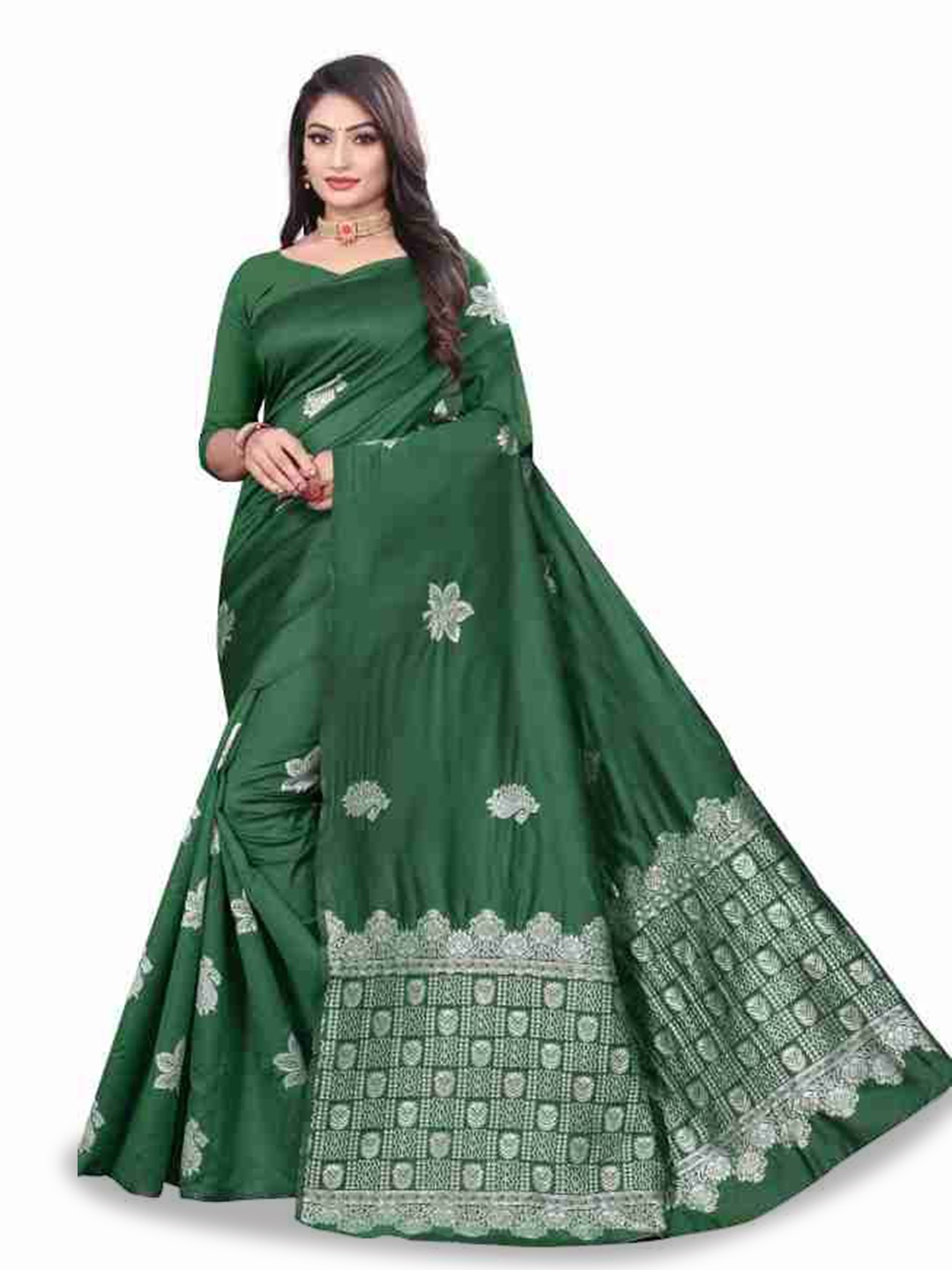 

APNISHA Woven Design Zari Pure Silk Banarasi Saree, Green