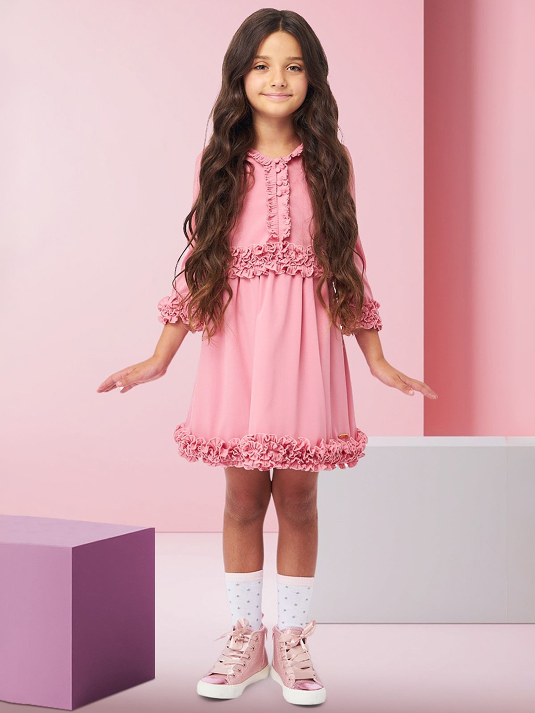 

FOREVER FRIDAY Girl Ruffles Flutter Sleeve Fit & Flare Dress, Pink