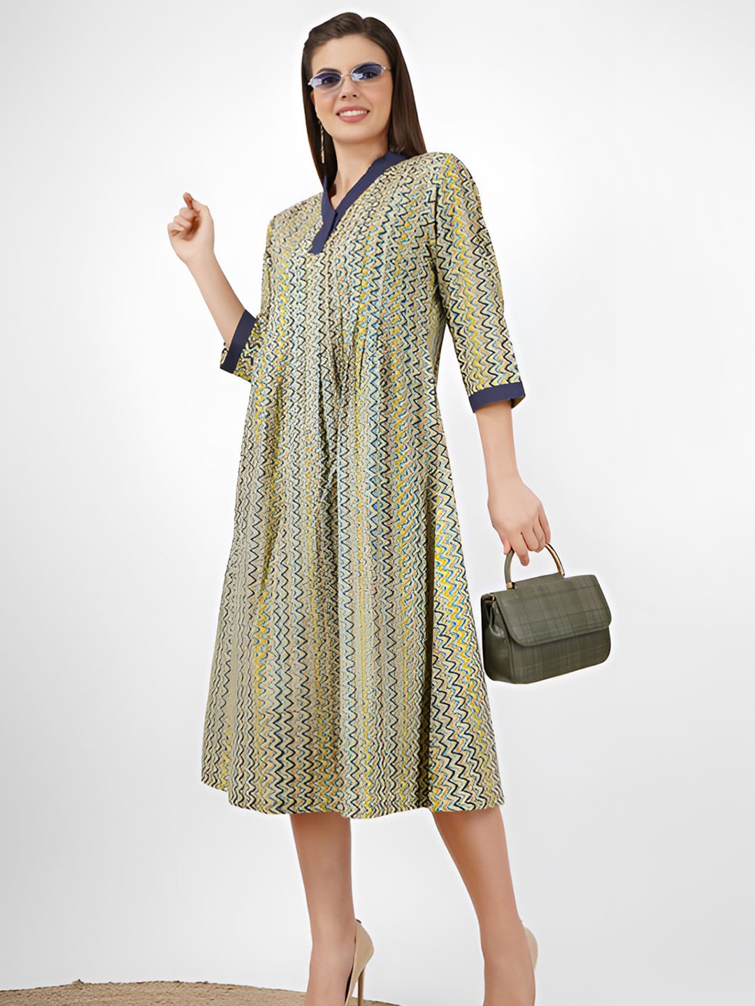 

UNLOKALE Ethnic Motifs Printed Cotton Shift Midi Dress, Lime green